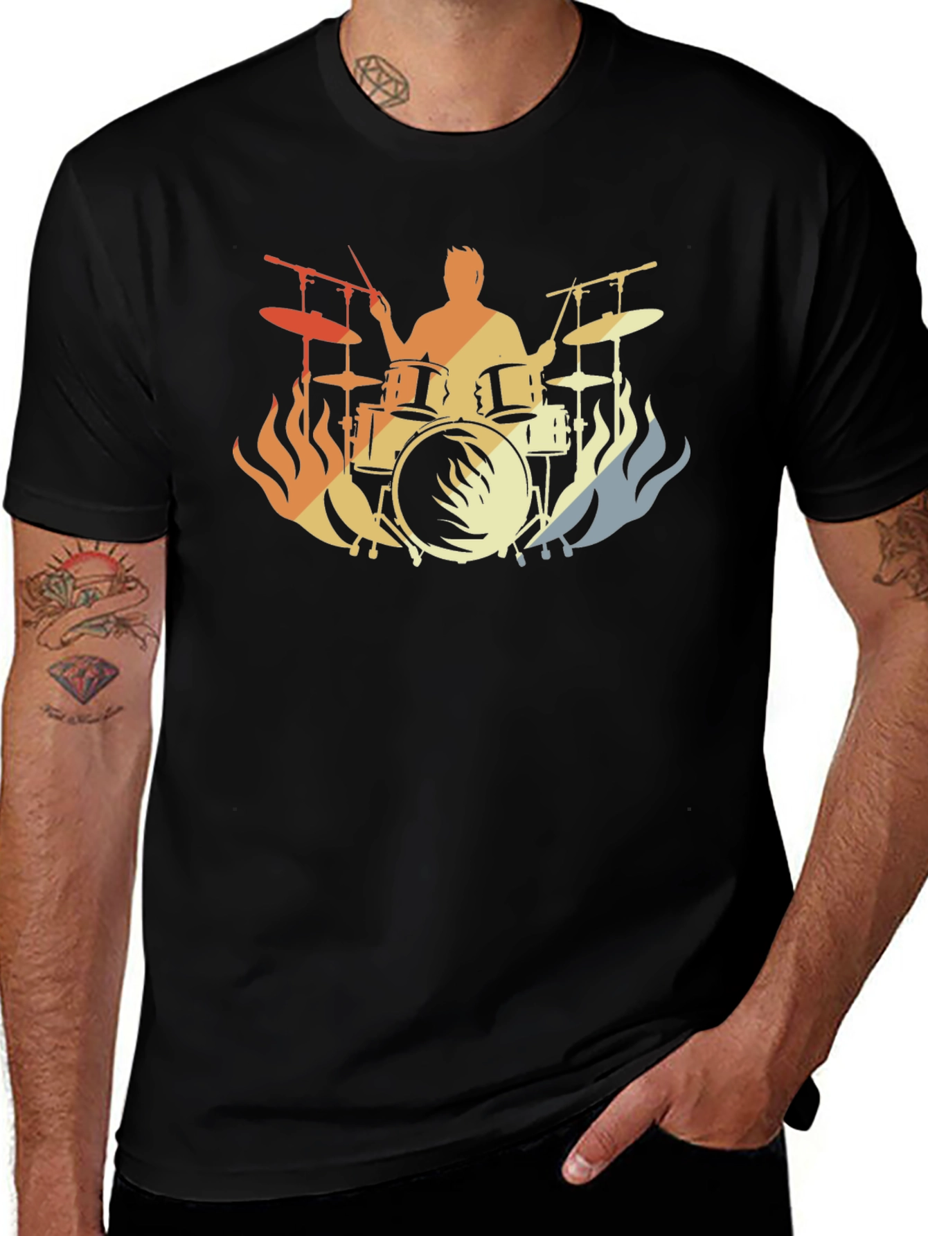 Variant 18 of Drummer Fire Silhouette T-Shirt - Black Cotton Tee