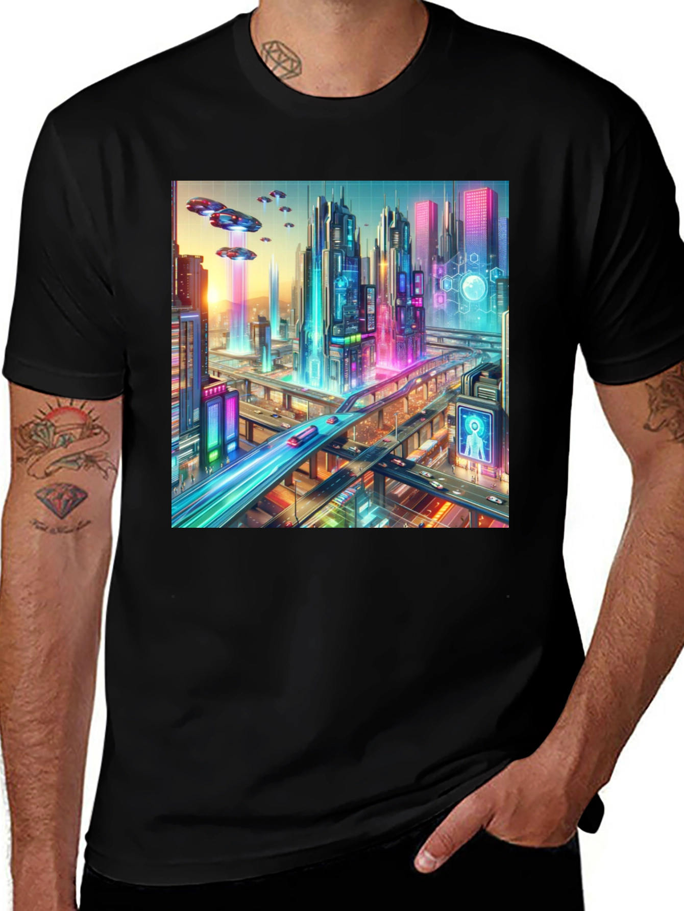 Black Futuristic Cityscape Graphic Tee - Black main image