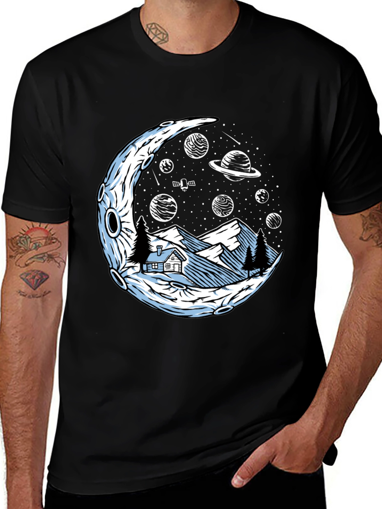 Variant 28 of Cosmic Moonscape Tee - Black Graphic T-Shirt