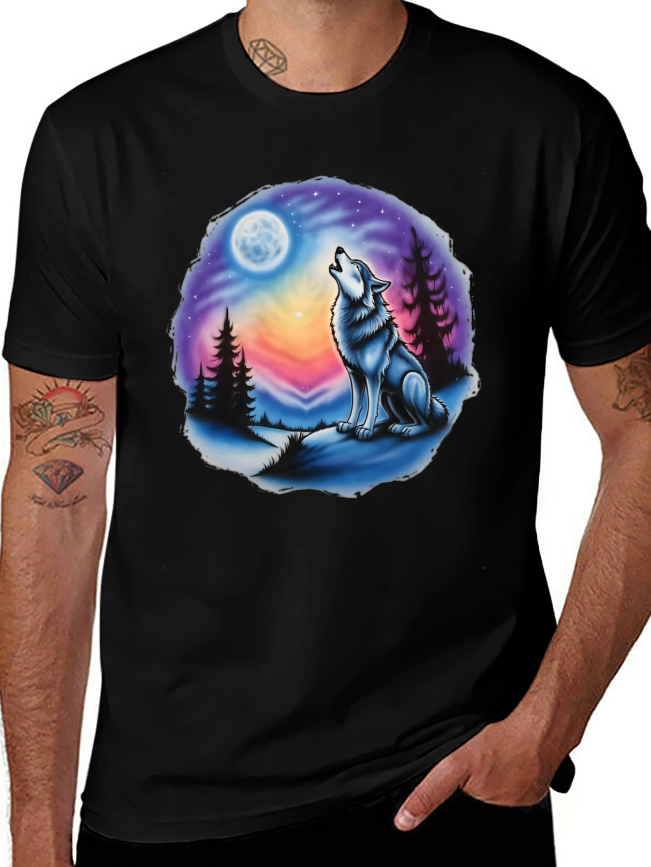 Variant 25 of Wolf Howling at Moon Graphic Tee - Black