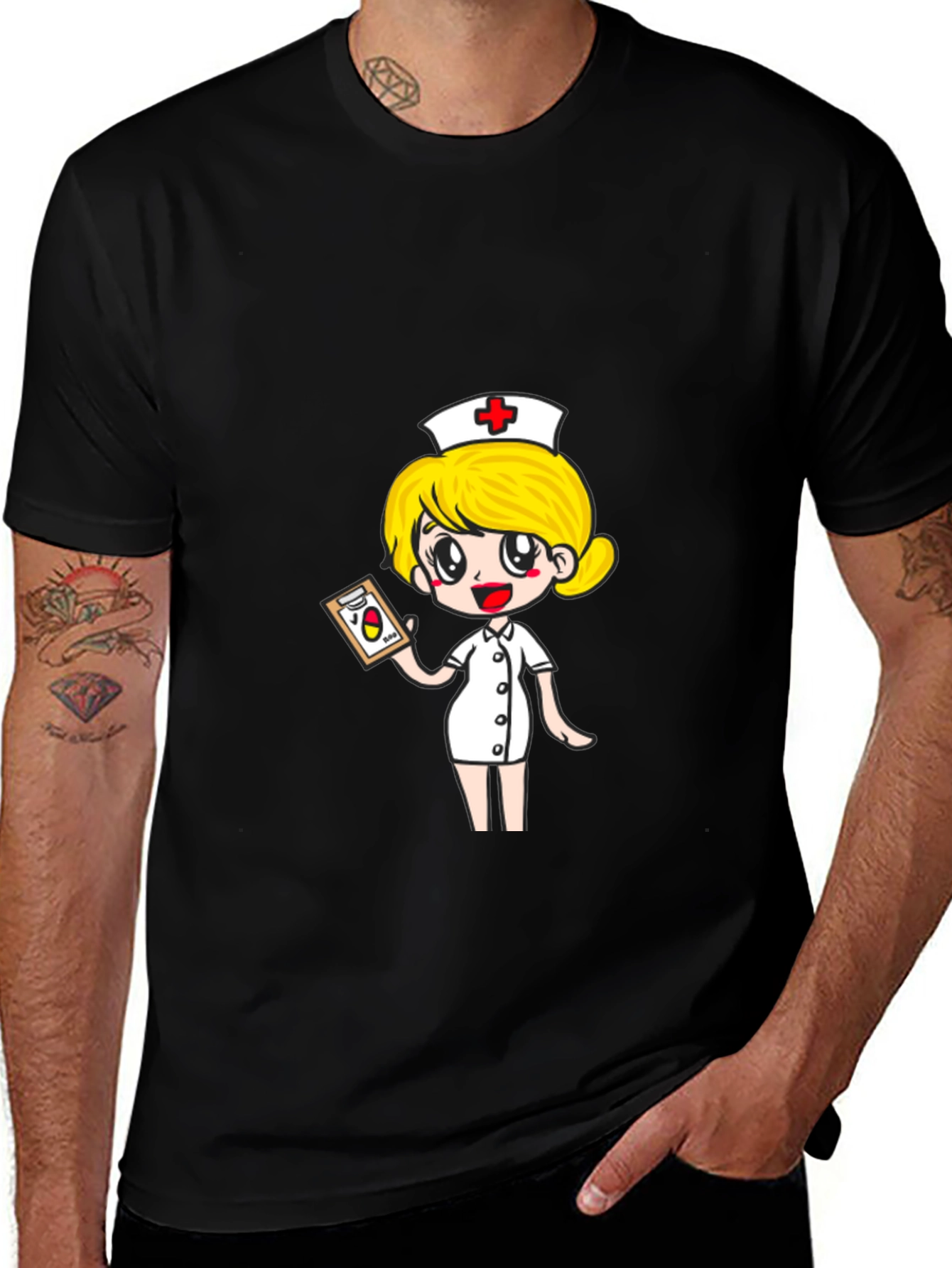 Variant 16 of Nurse Cartoon Graphic Black T-Shirt