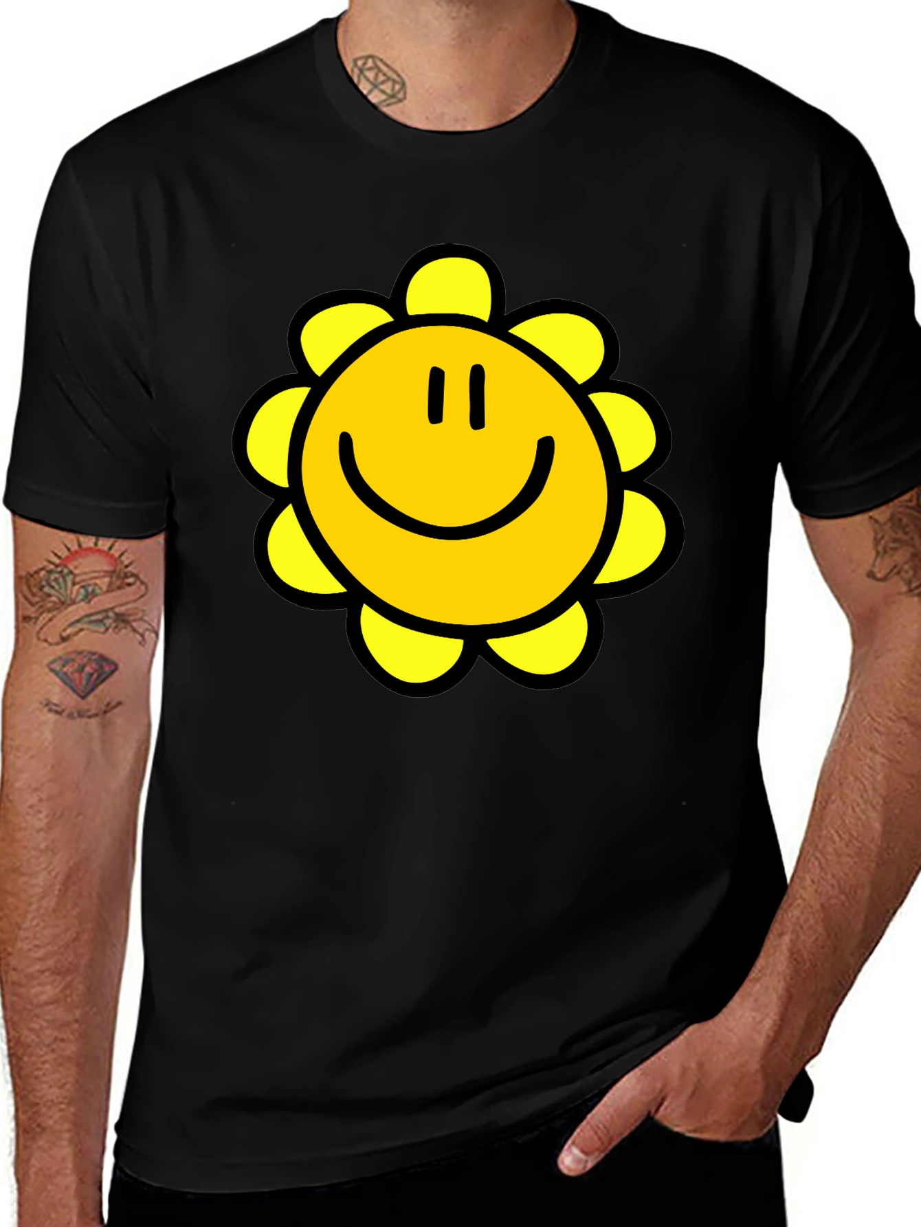 Variant 27 of Smiley Face Flower Graphic Black T-Shirt