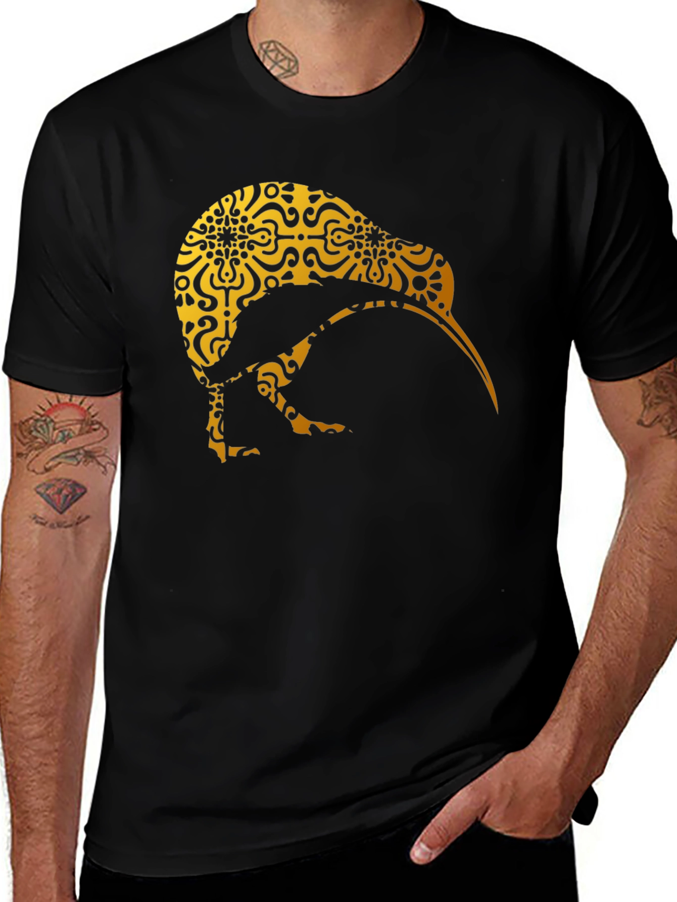 Variant 18 of Kiwi Bird Patterned T-Shirt - Unique Gold Design