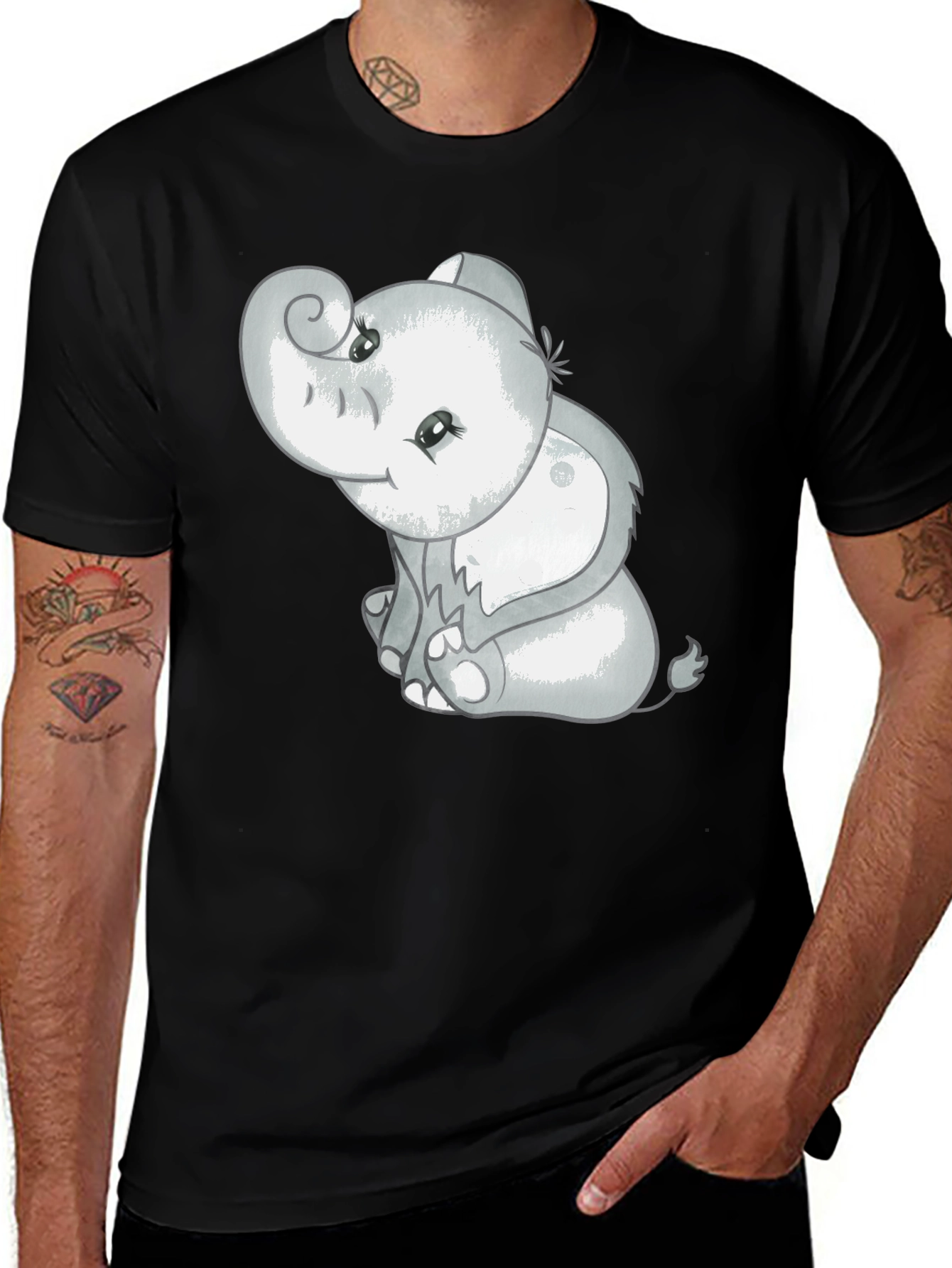 Variant 15 of Cute Cartoon Elephant Graphic T-Shirt - Black
