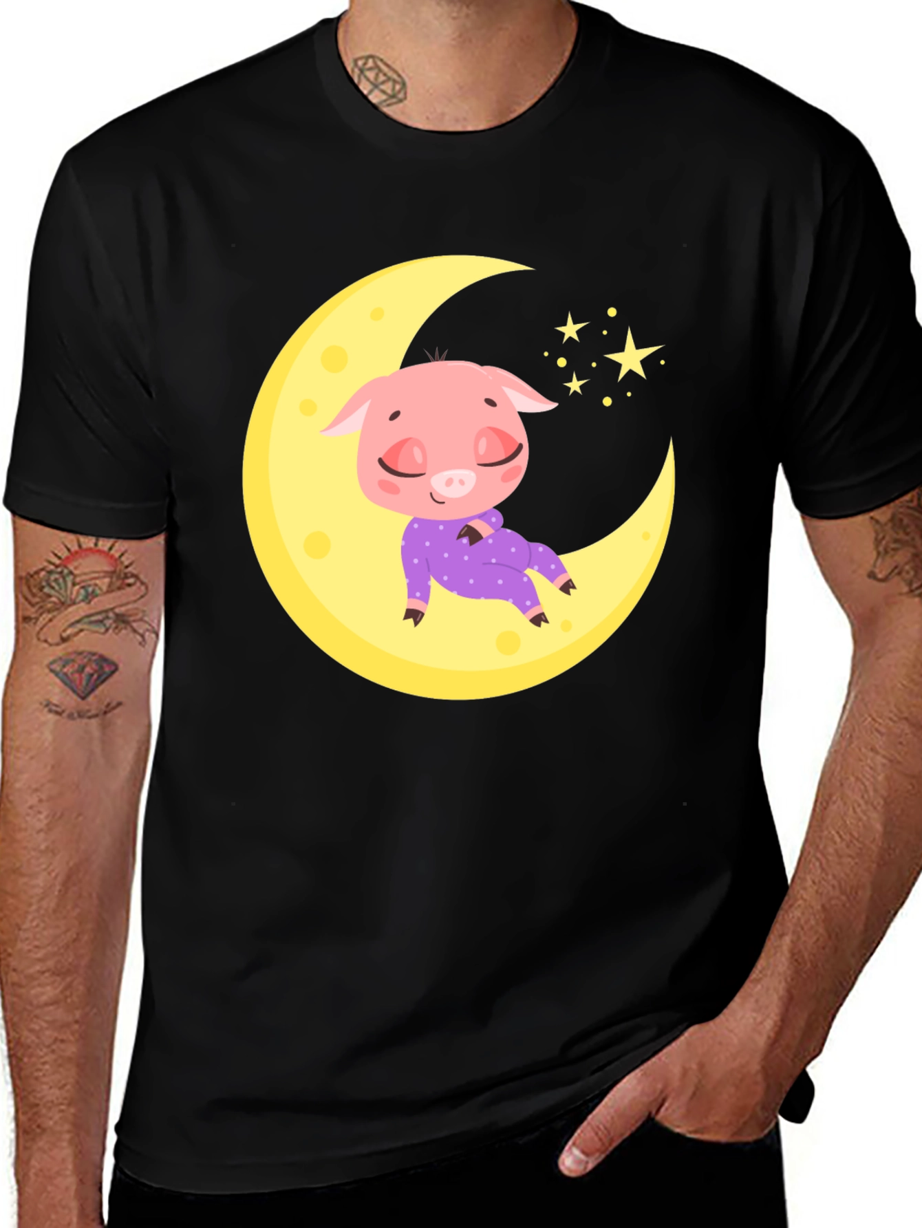 Variant 23 of Cute Pig on Moon Black T-Shirt