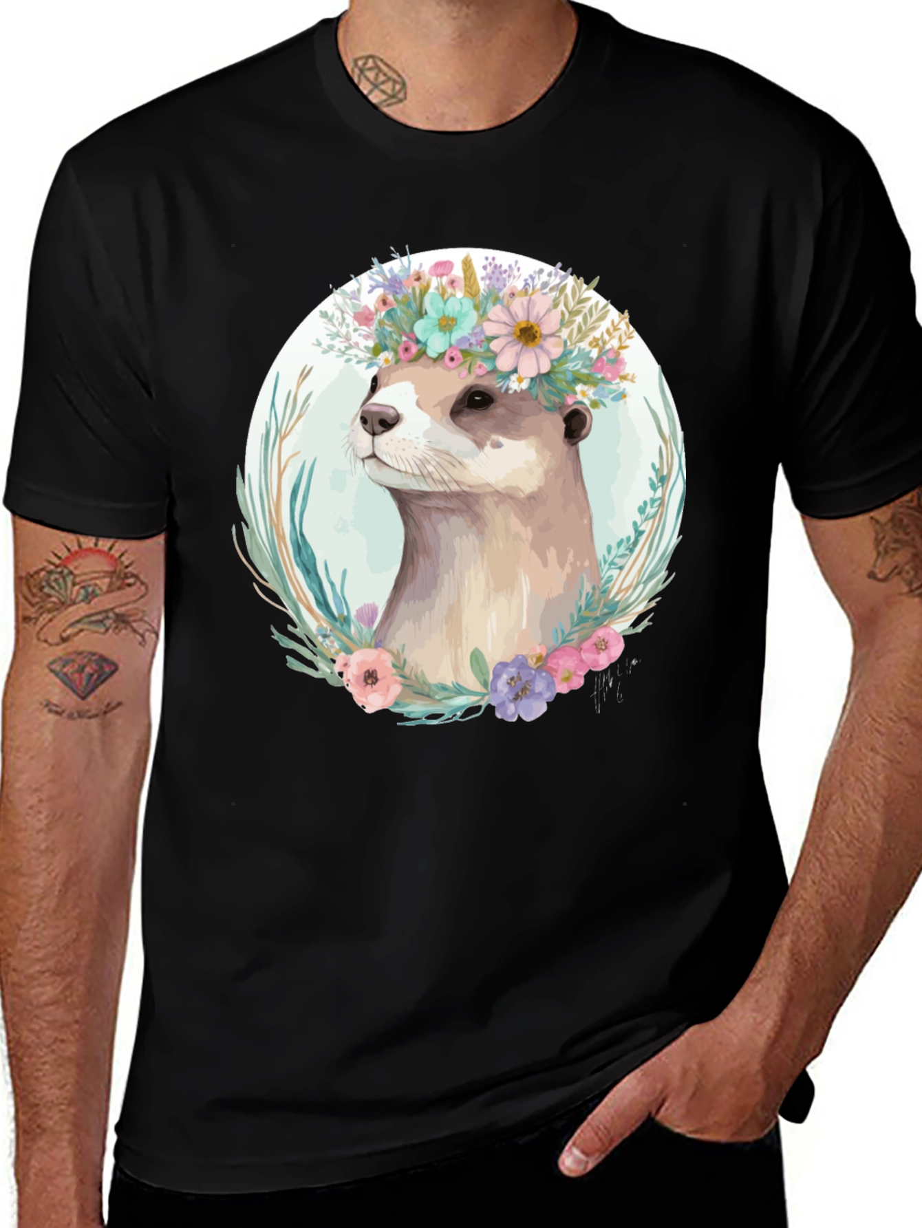 Variant 27 of Otter Floral Crown T-Shirt - Stylish Animal Tee