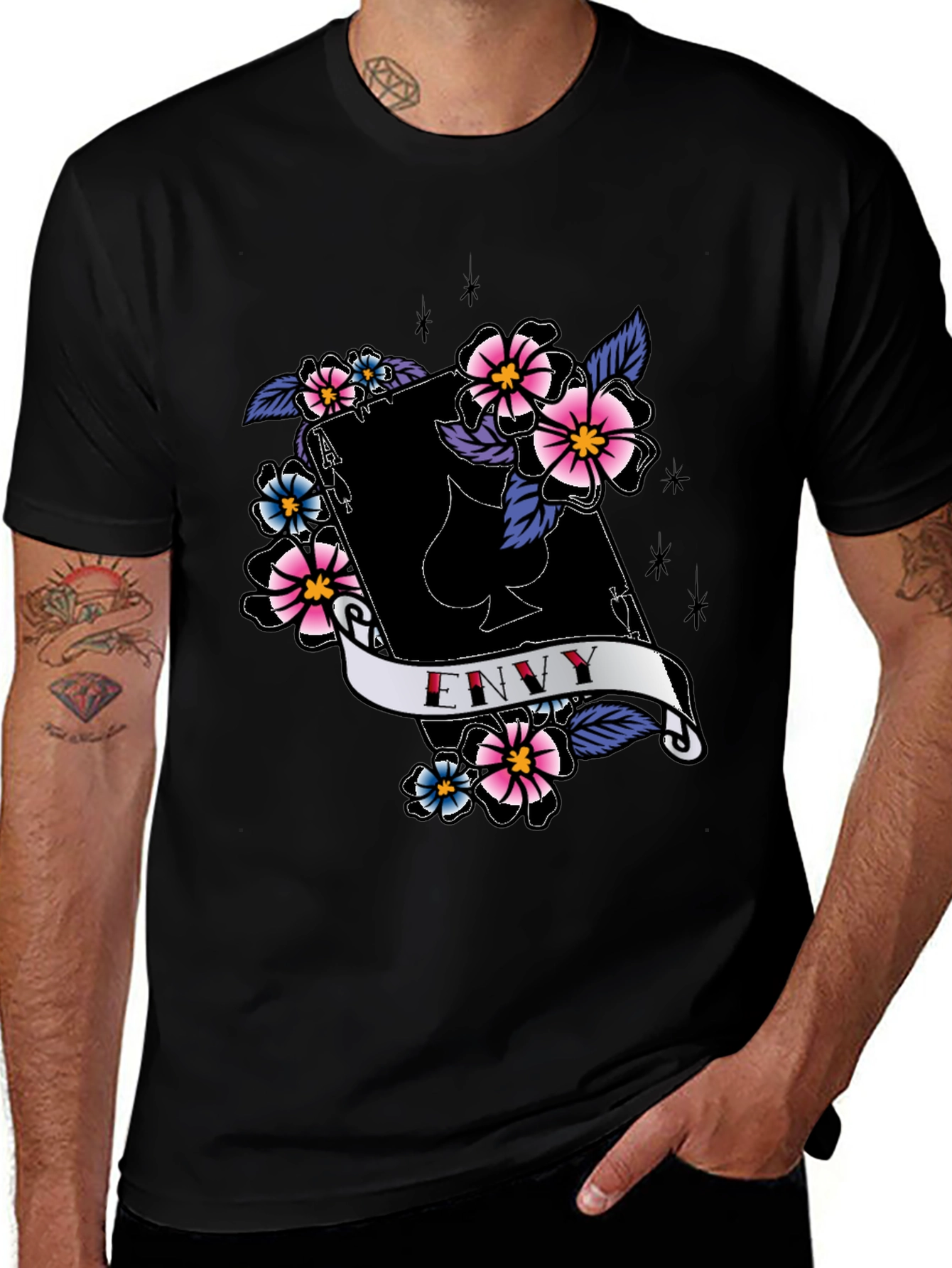 Variant 19 of Envy Ace of Spades Floral Graphic Black T-Shirt