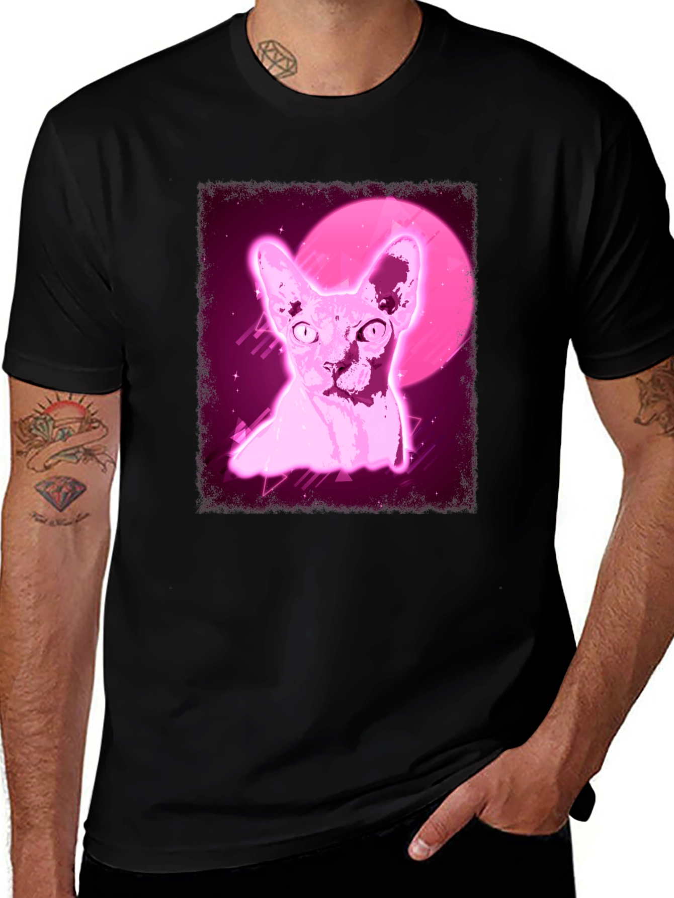 Variant 5 of Sphynx Cat Pink Moon Graphic Tee - Unique Black T-Shirt