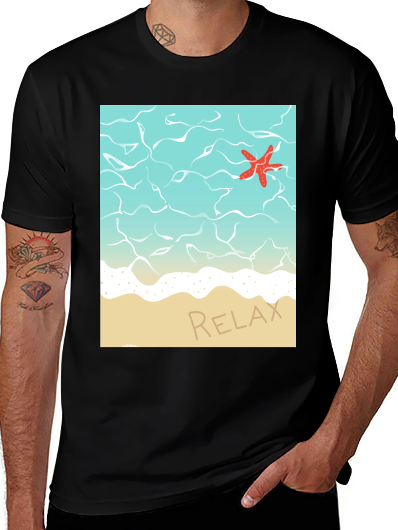 Black Relaxing Beach T-Shirt - Starfish Ocean Design main image