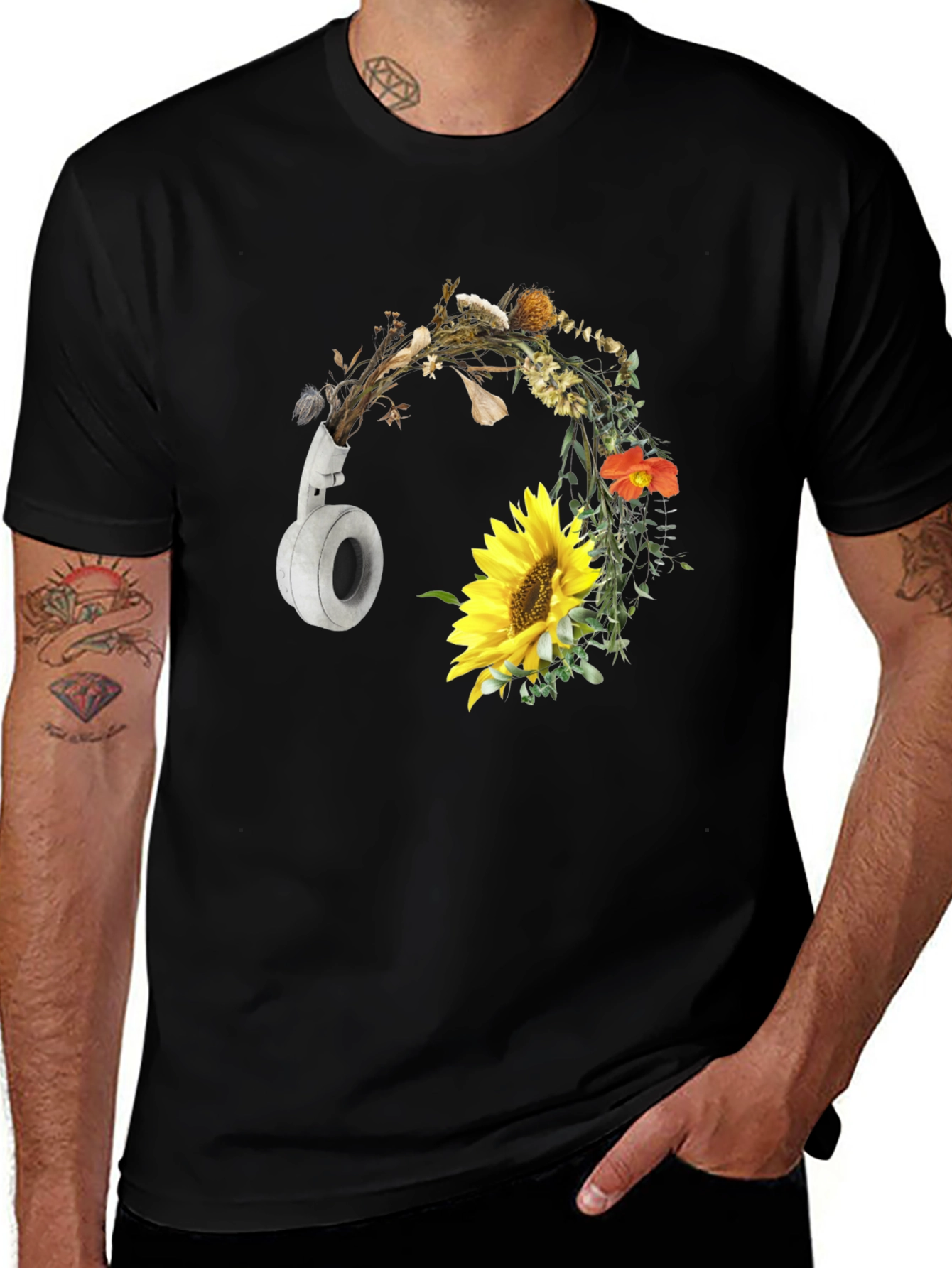 Variant 18 of Floral Headphone Graphic Black T-Shirt