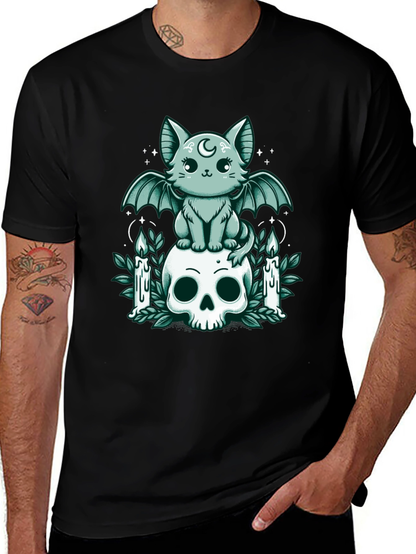 Variant 3 of Gothic Bat Cat Skull T-Shirt