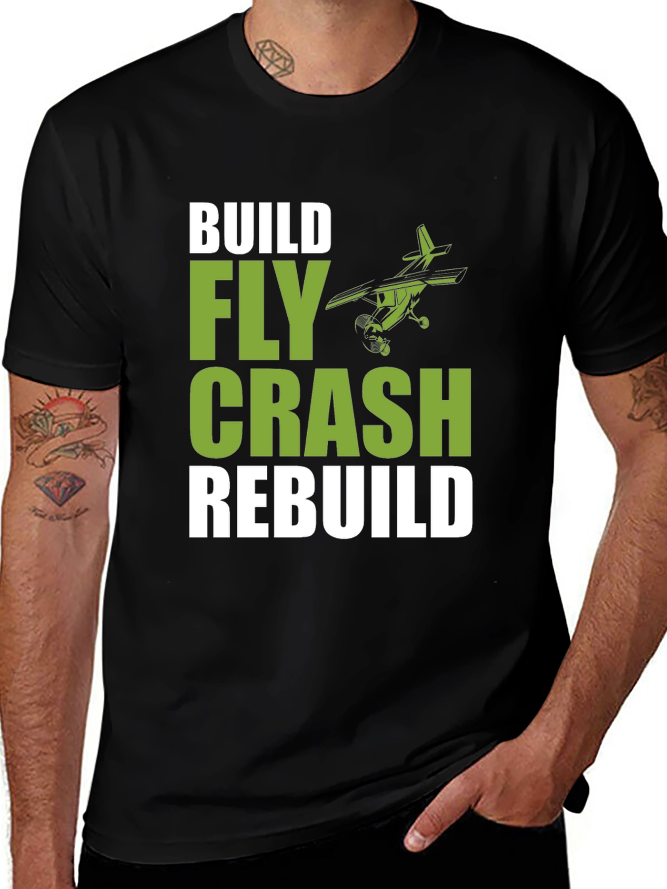 Build Fly Crash Rebuild Black T-Shirt