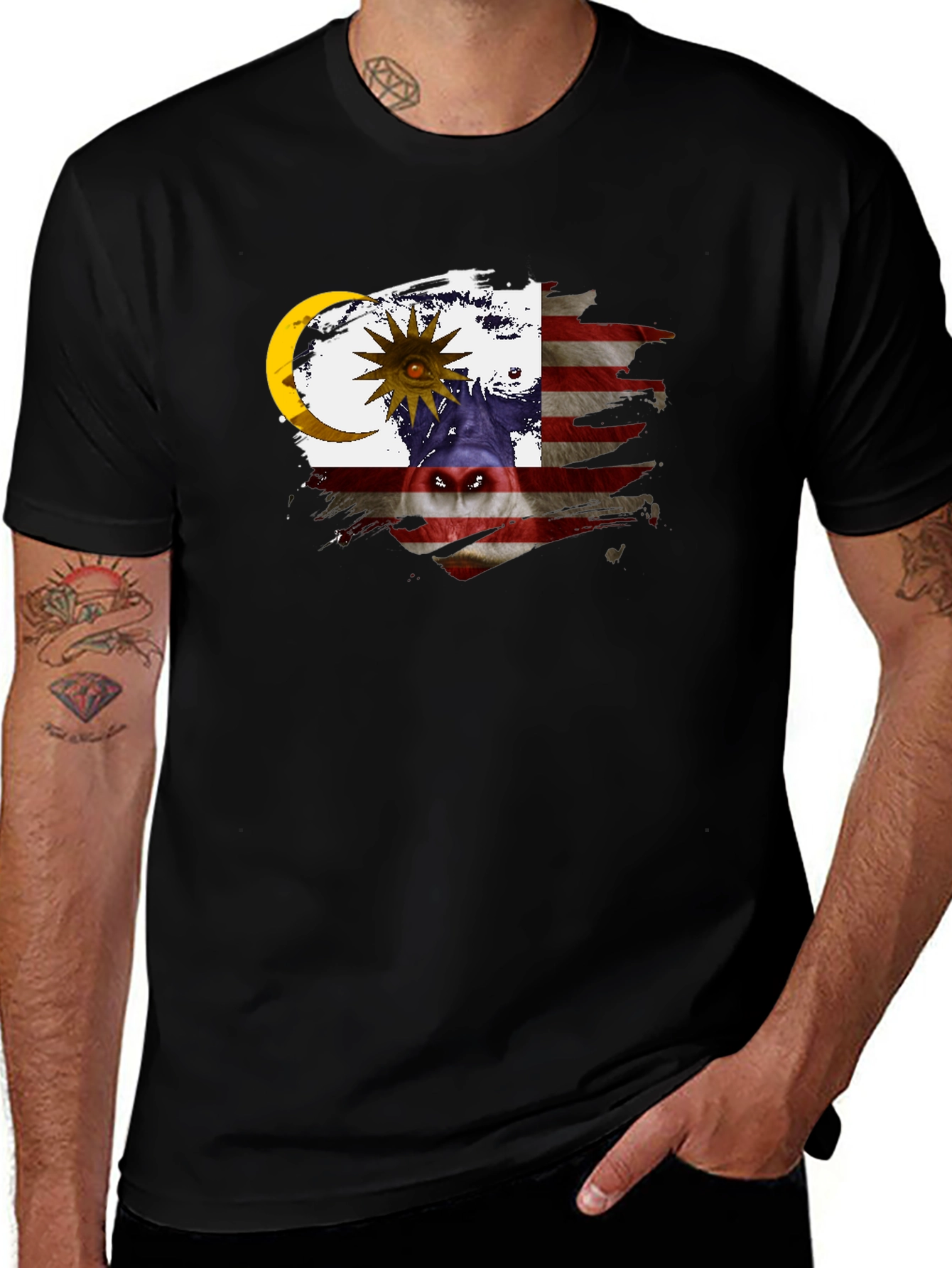 Malaysian Flag Gorilla Graphic Black T-Shirt