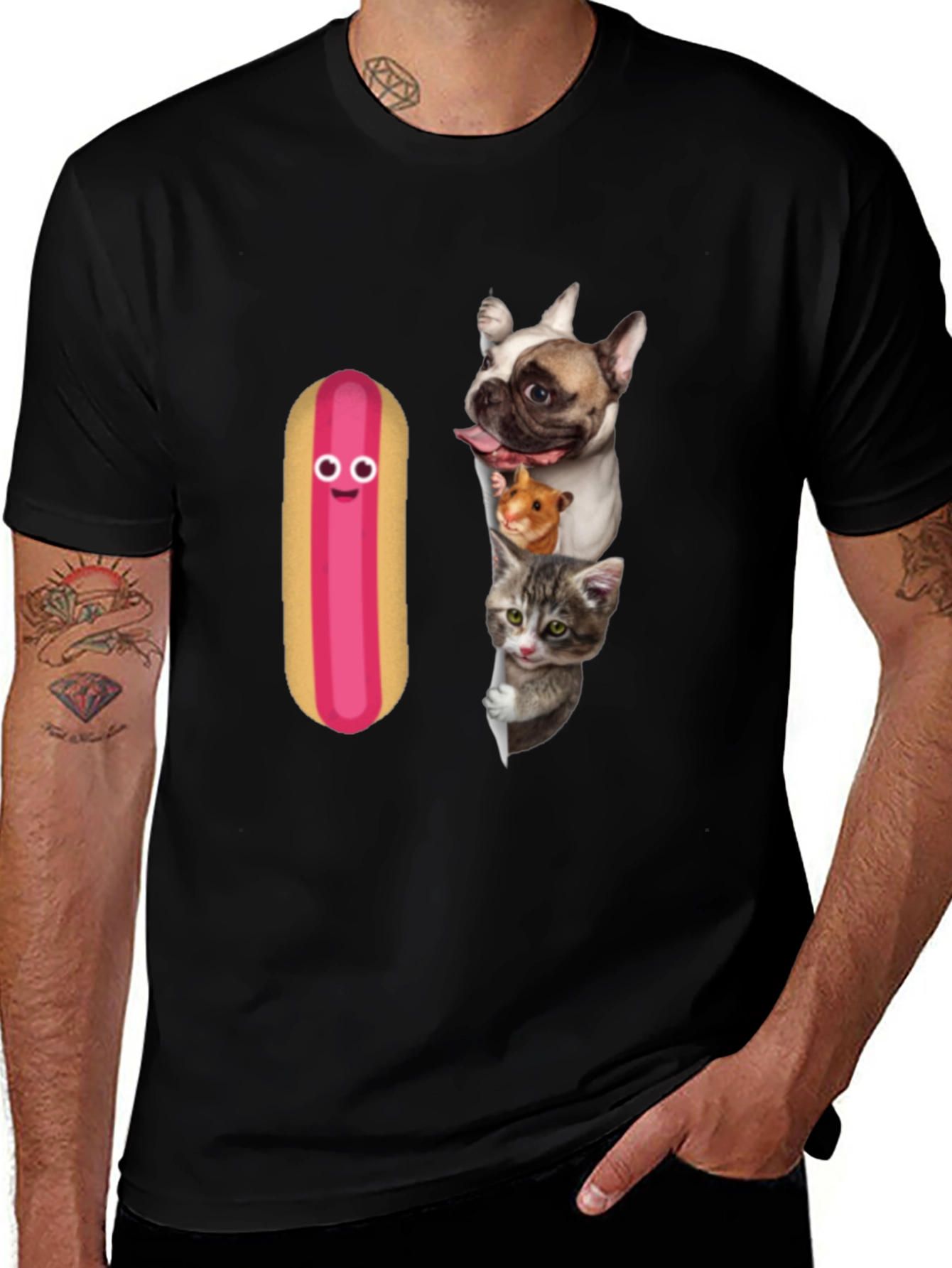Variant 9 of Novelty Men's T-Shirt with Pets & Hotdog Design