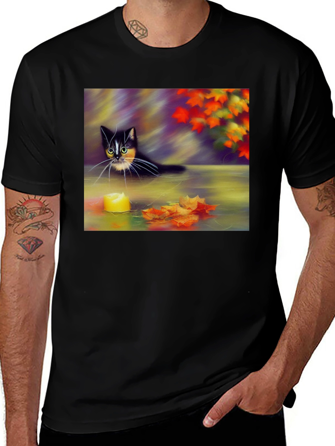 Variant 16 of Cat & Candle Graphic Tee - Unisex Black T-Shirt