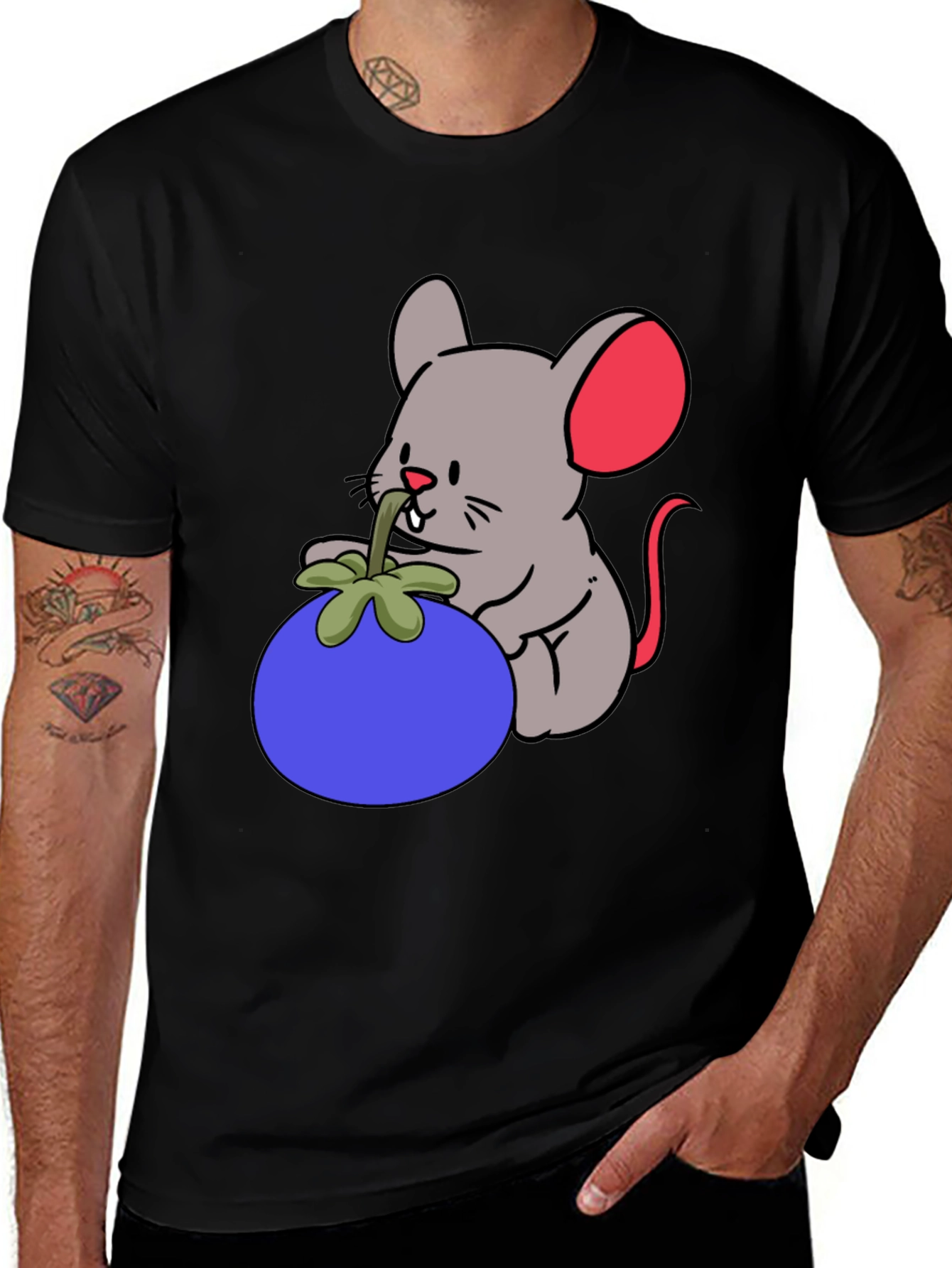 Variant 2 of Cartoon Mouse & Berry Graphic Black T-Shirt