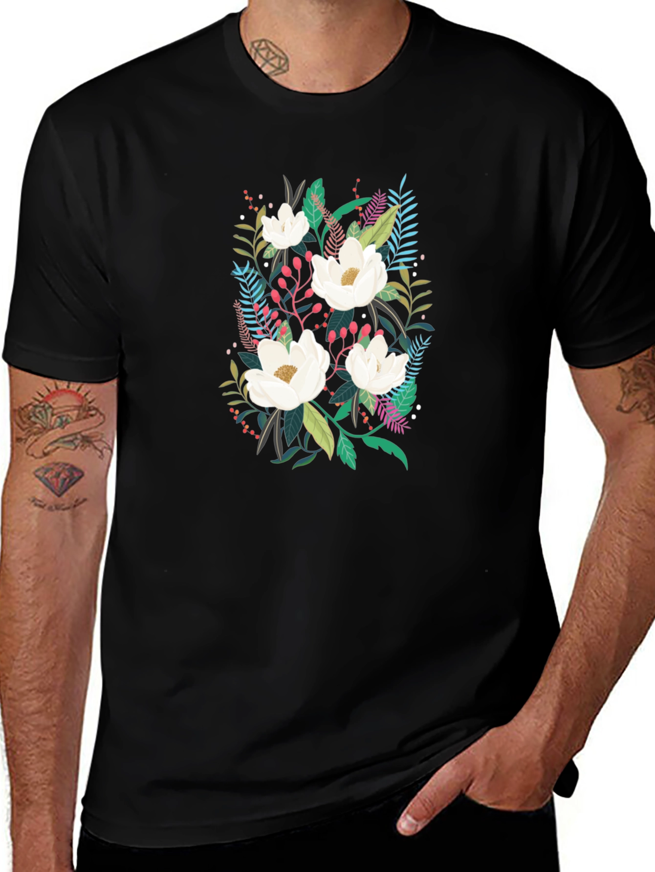 Variant 30 of Floral Print Black Cotton T-Shirt
