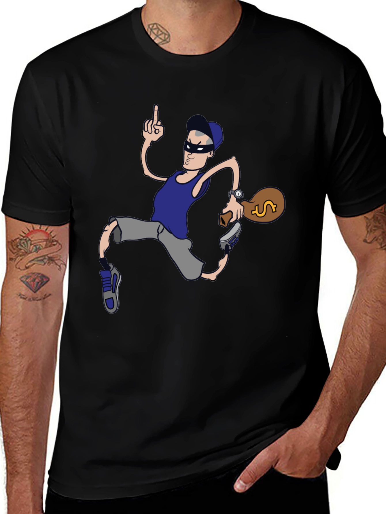 Funny Cartoon Thief Graphic Black T-Shirt