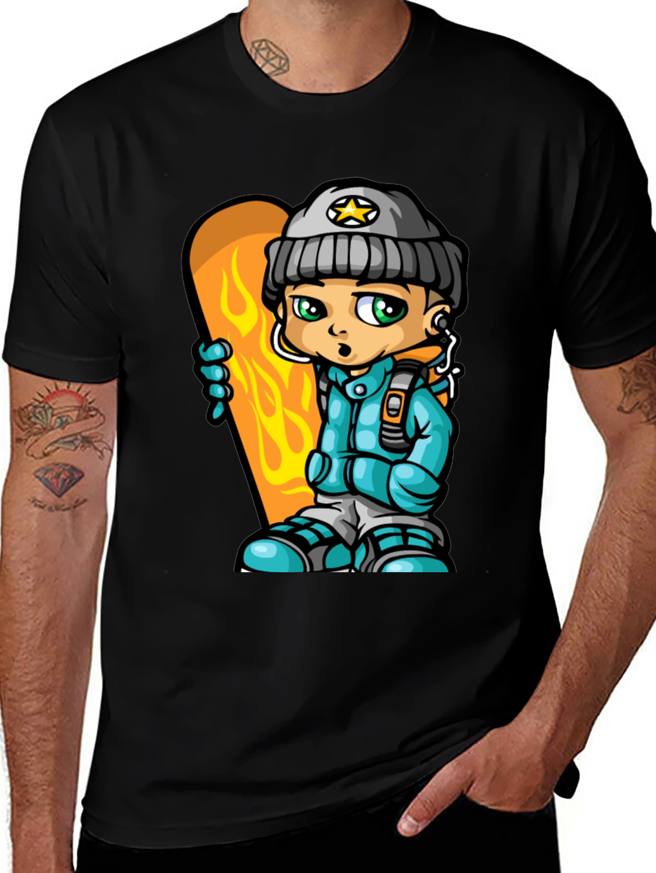 Variant 21 of Cartoon Snowboarder Graphic Tee - Black Cotton Blend
