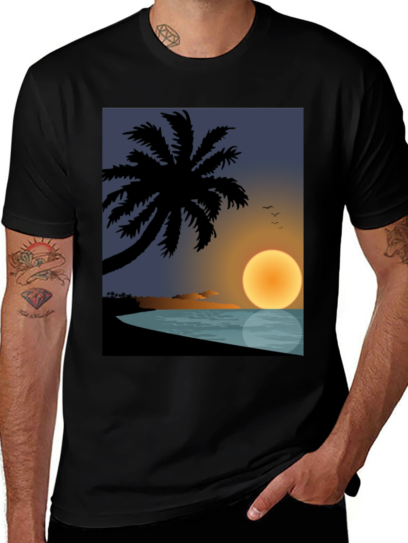 Variant 20 of Tropical Sunset Graphic Tee - Black Cotton T-Shirt
