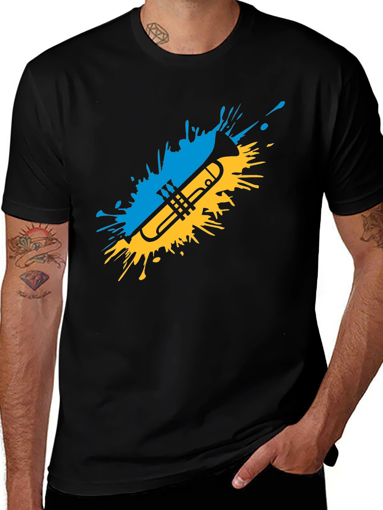 Variant 22 of Trumpet Splash Graphic Tee - Blue & Yellow Print