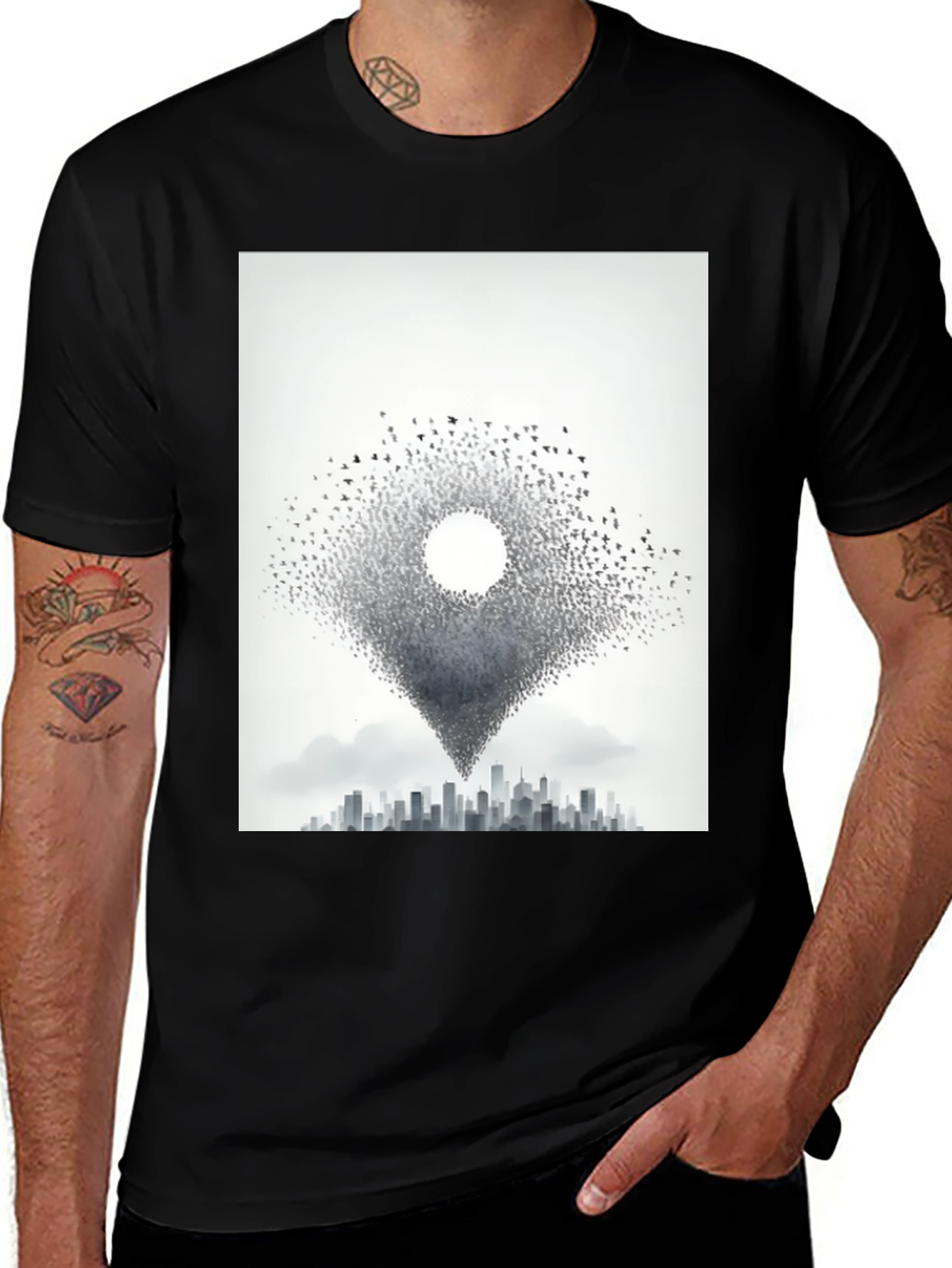 Variant 15 of Urban Migration T-Shirt - Bird Cityscape Tee
