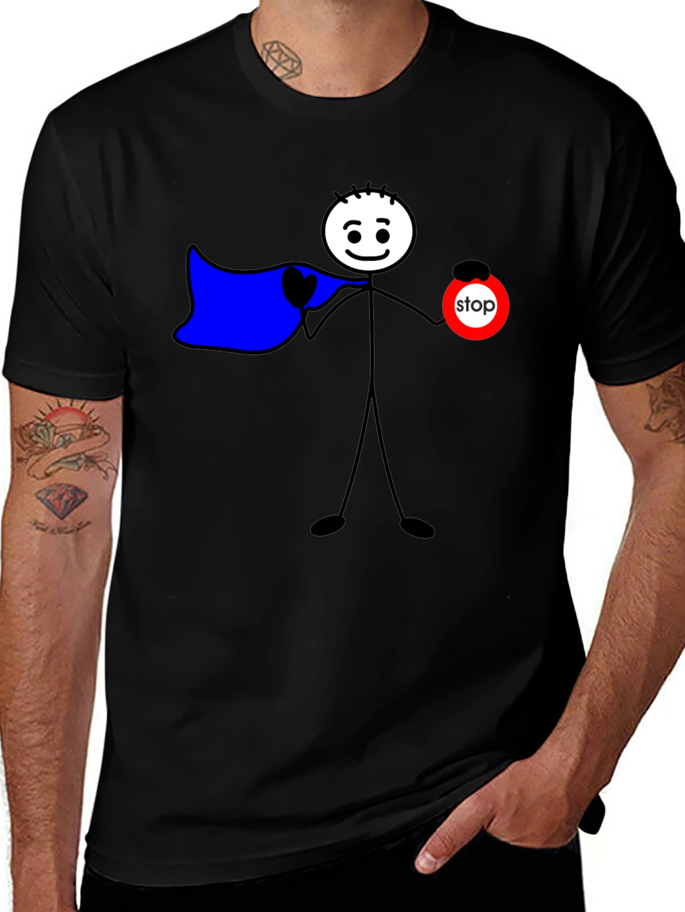 Variant 11 of Funny Stick Figure Superhero T-Shirt - Stop Sign