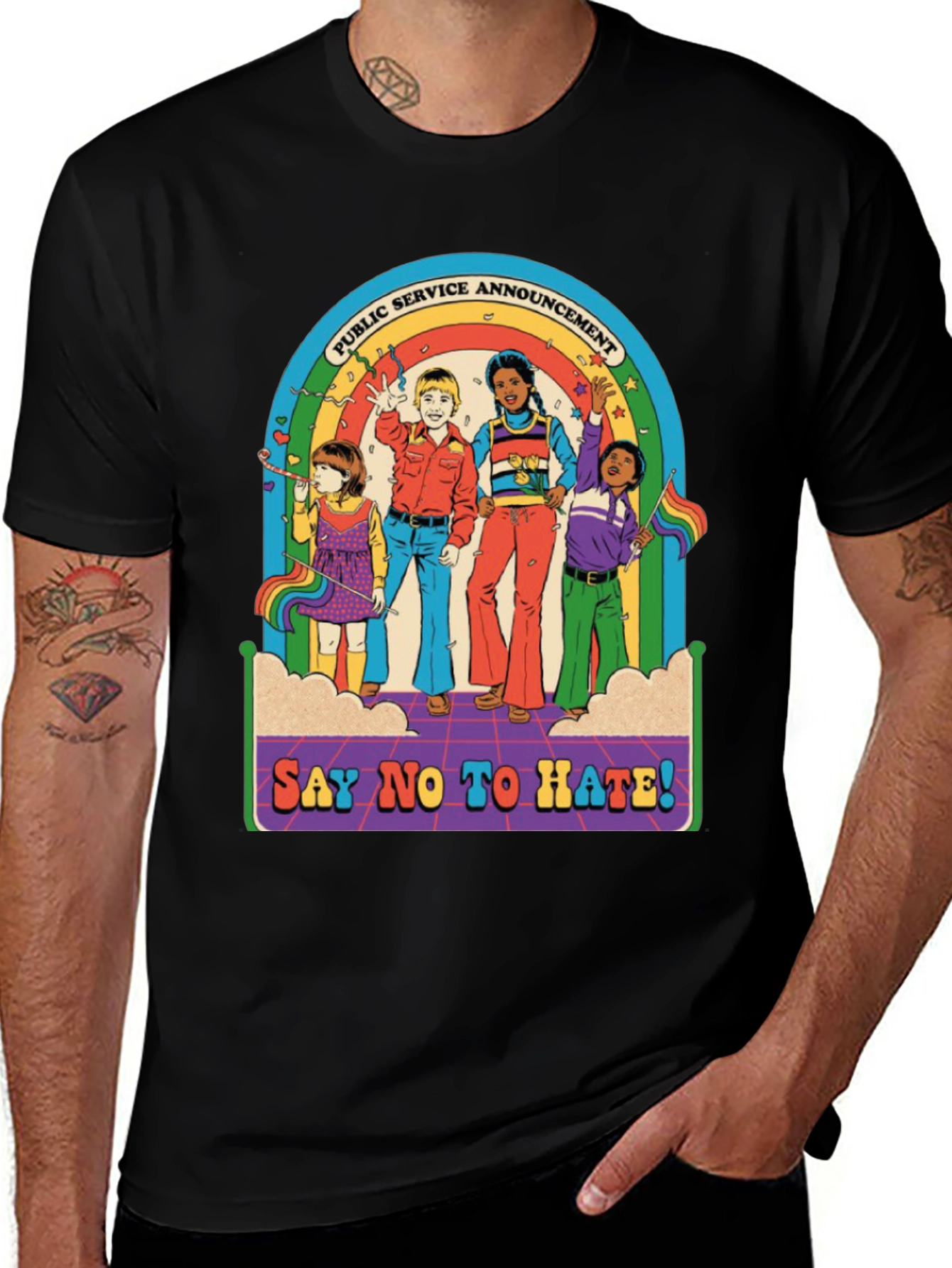 Say No To Hate T-Shirt - Retro Rainbow Design