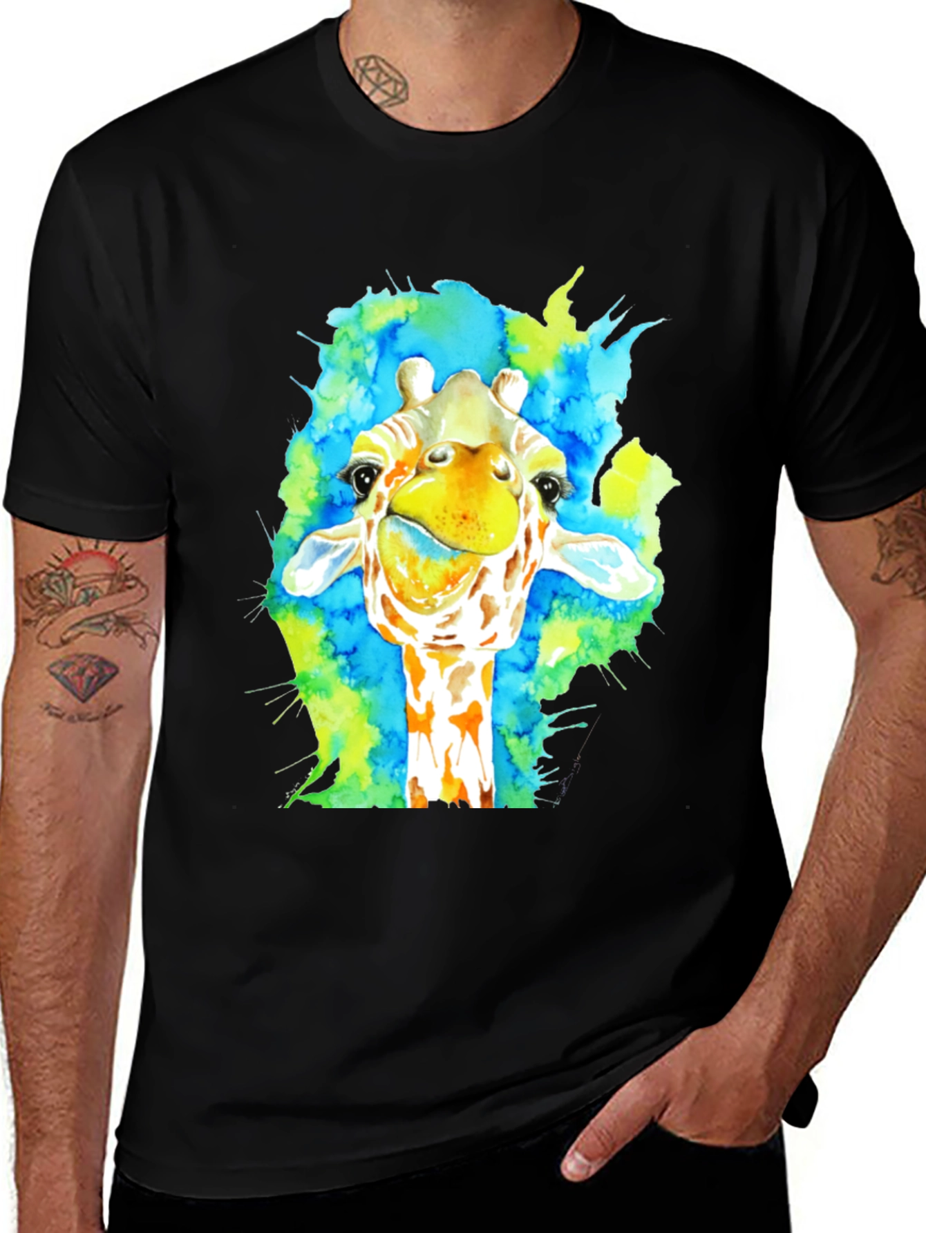 Variant 15 of Giraffe Watercolor Graphic Tee - Men's Black T-Shirt