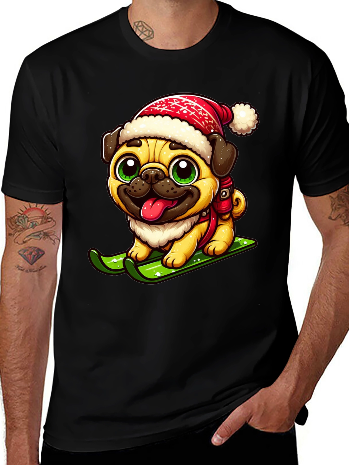 Variant 18 of Festive Pug on Skis Graphic Tee