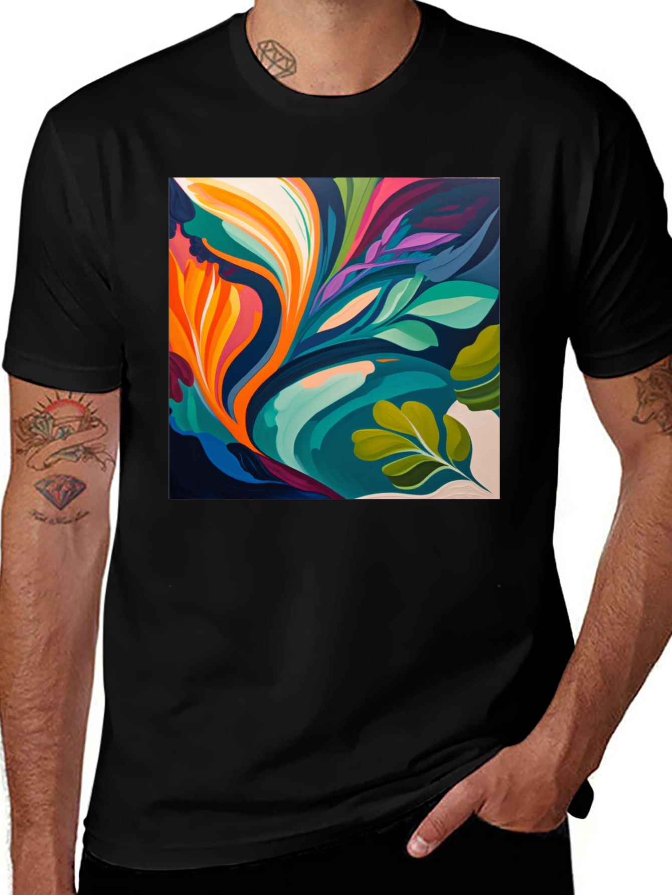 Abstract Floral Print Black T-Shirt