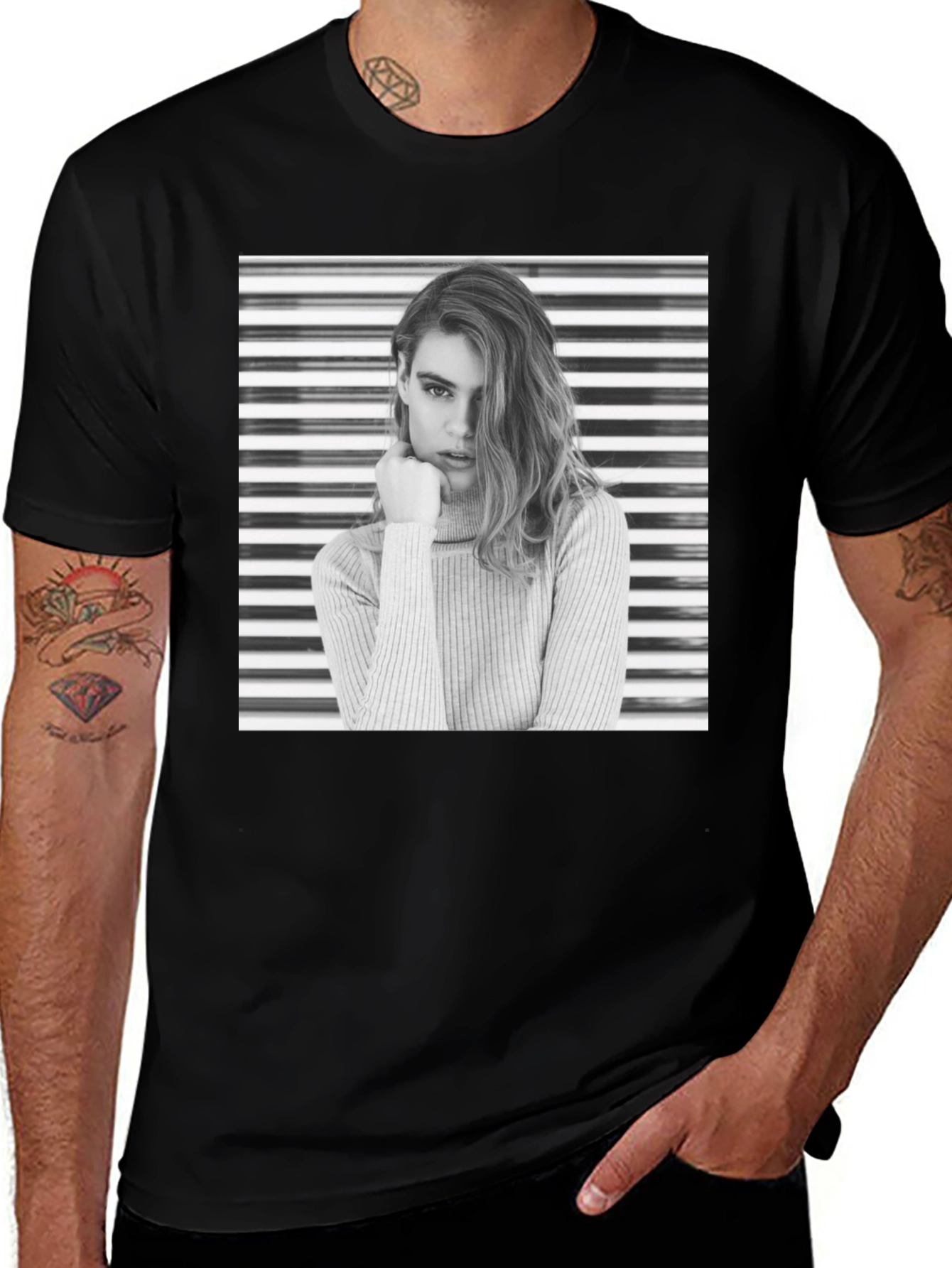 Modern Black T-Shirt with Striking Woman Graphic