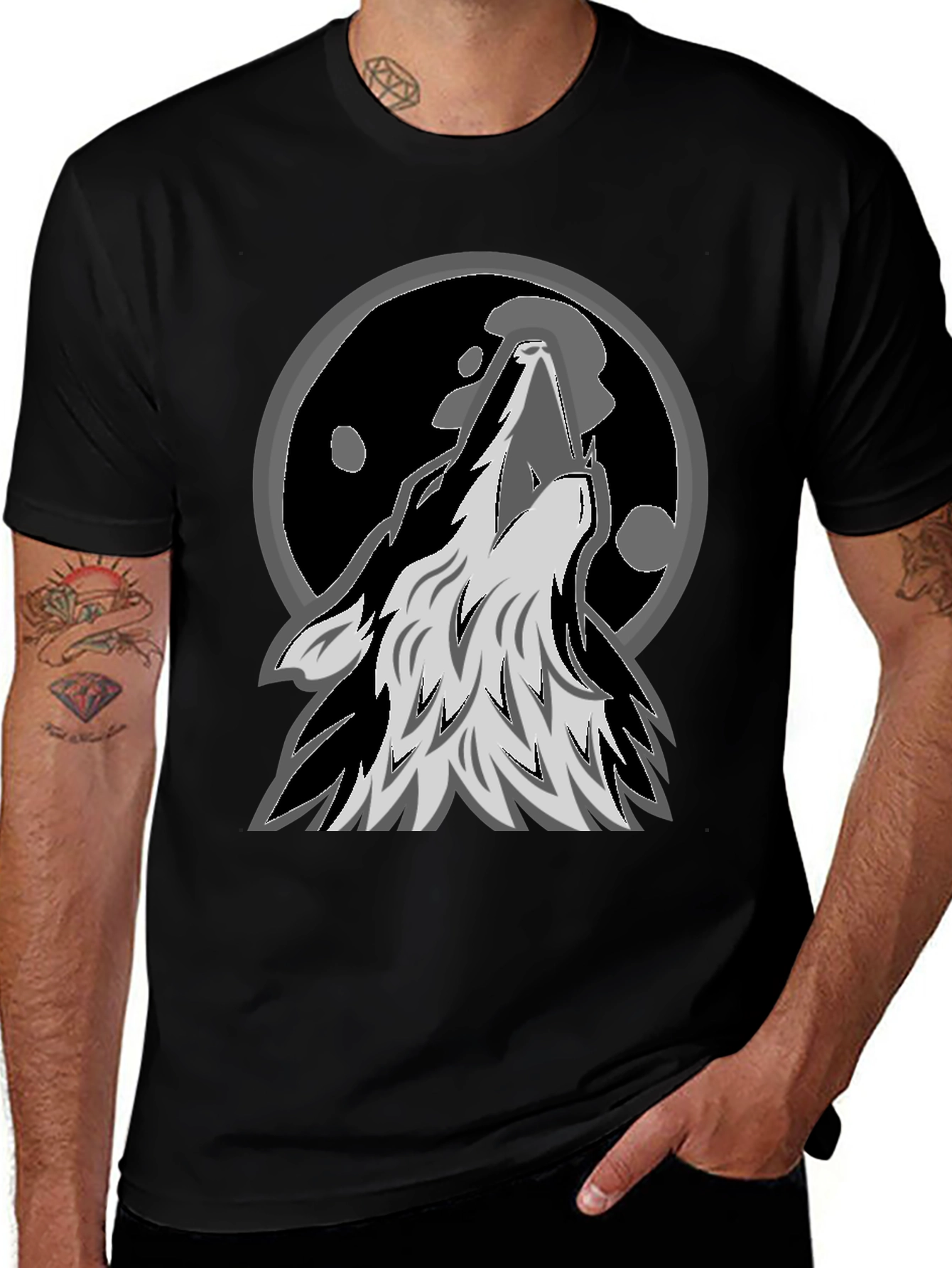 Variant 9 of Wolf Howling at Moon Graphic Tee - Black