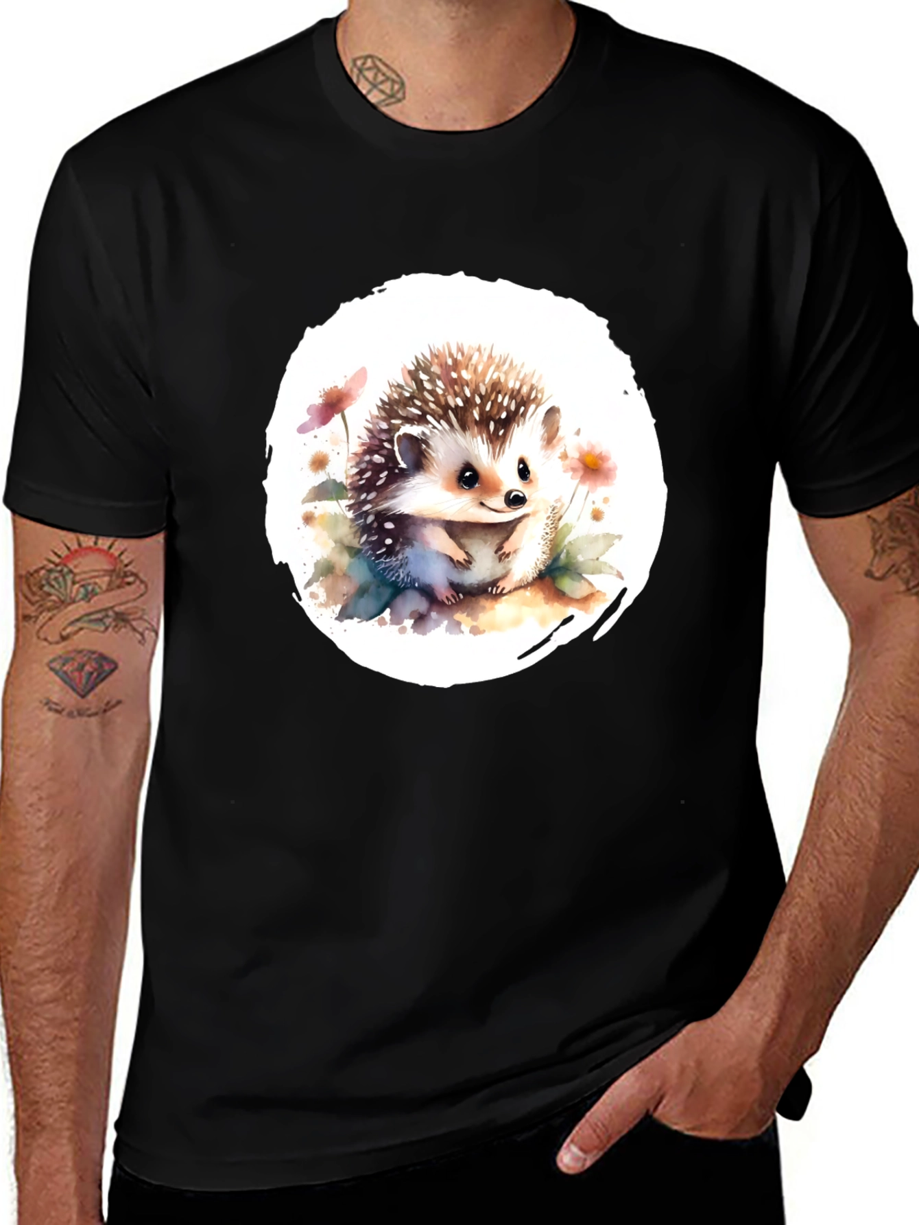 Variant 8 of Cute Hedgehog Watercolor Graphic Tee - Black