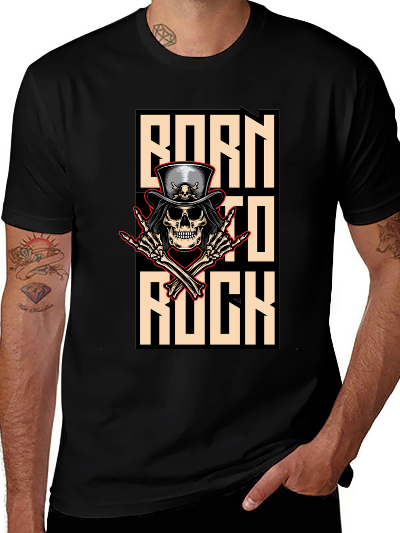 Born To Rock T-Shirt Skull & Top Hat