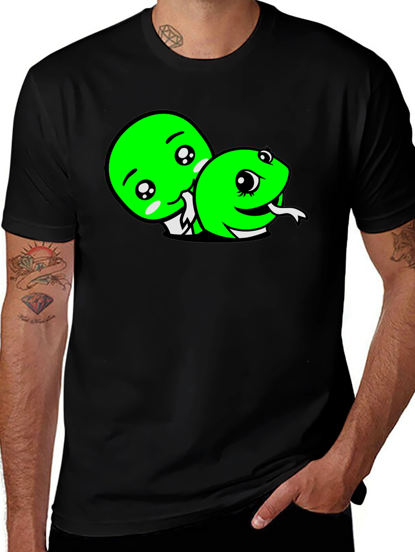Variant 9 of Cute Green Snakes Cartoon Black T-Shirt