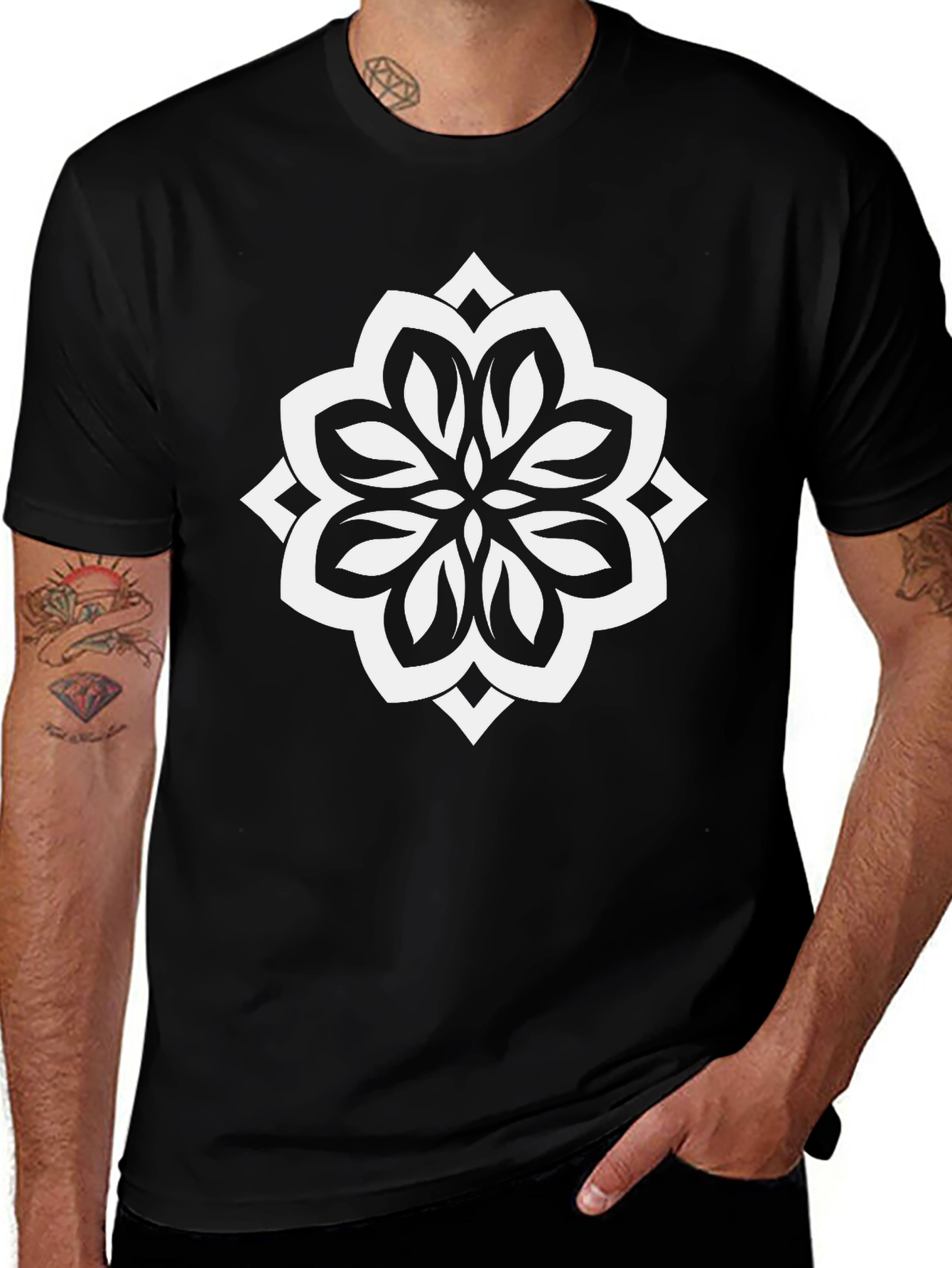 Variant 4 of Black T-Shirt with White Geometric Floral Design