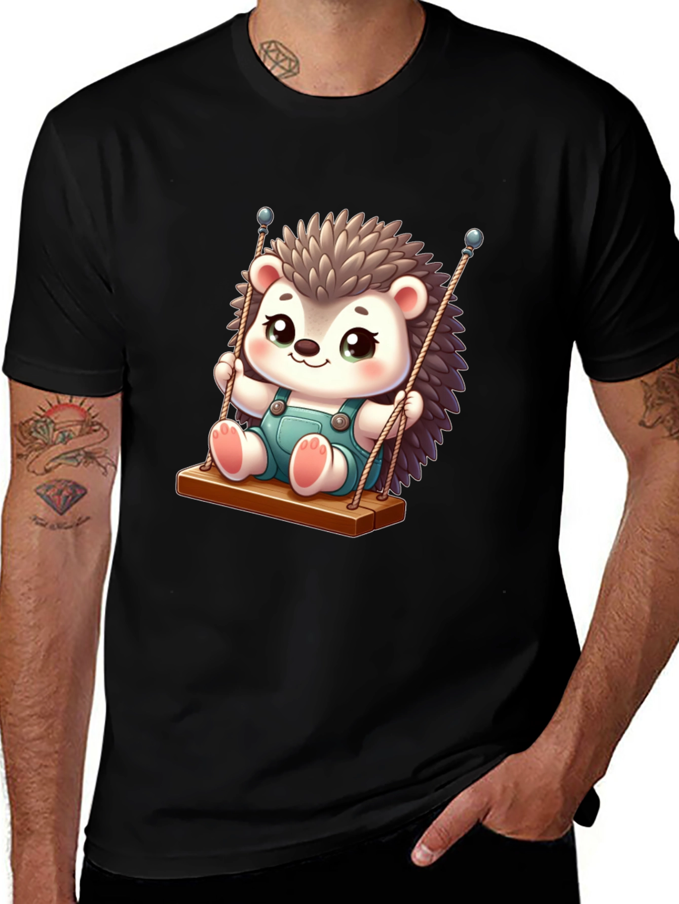 Variant 25 of Hedgehog Swing Black T-Shirt - Cute Animal Tee