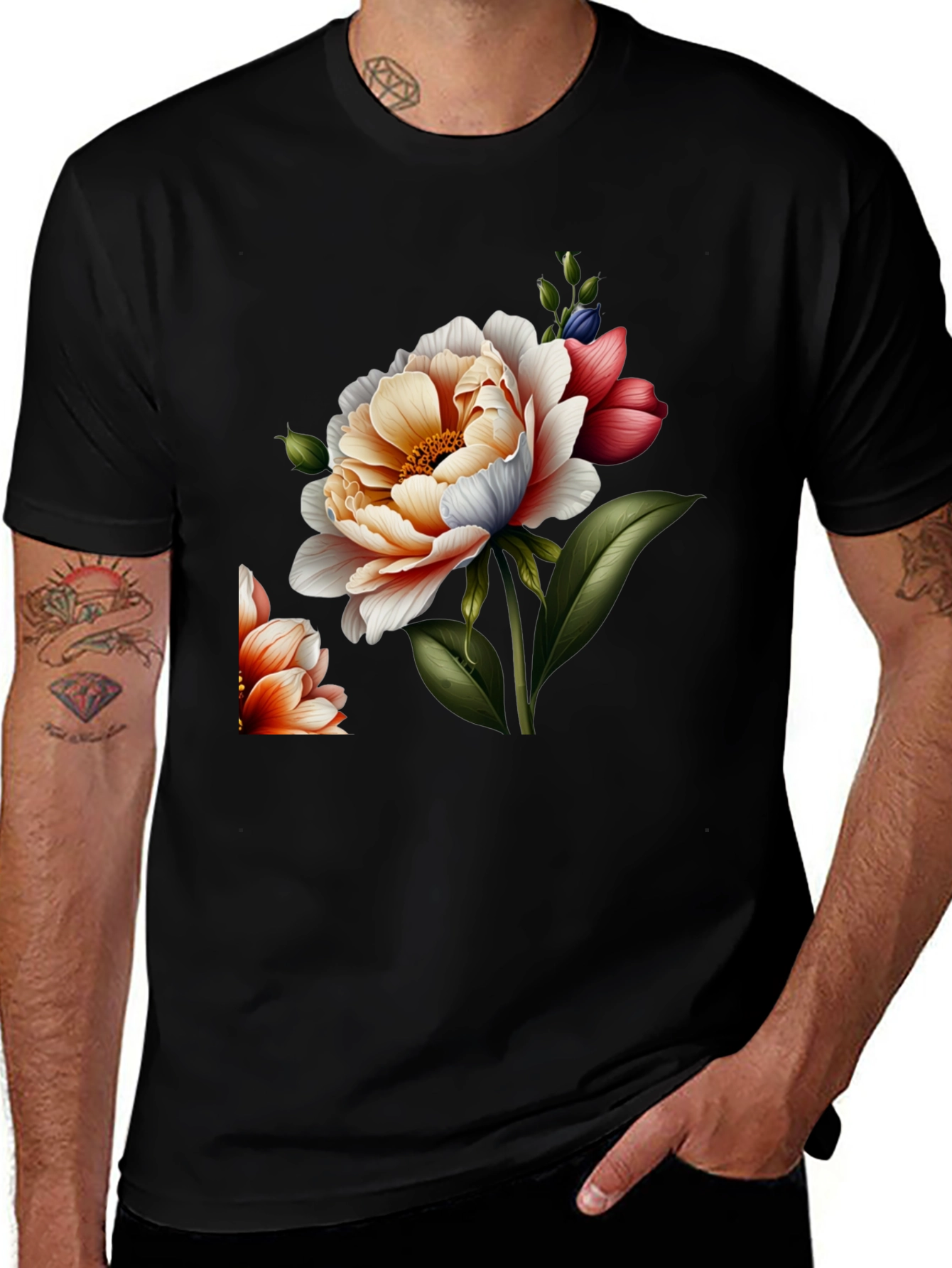 Variant 15 of Floral Graphic Print Crew Neck Tee - Black