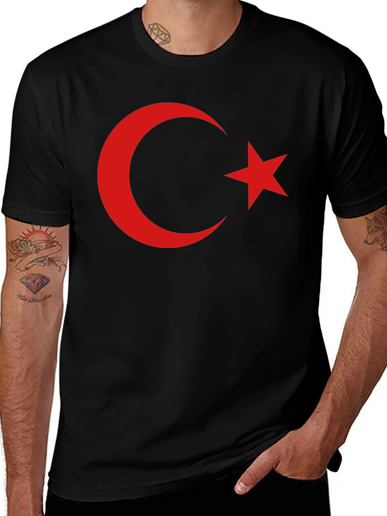 Turkish Flag Crescent Star Graphic Tee - Black Cotton T-Shirt