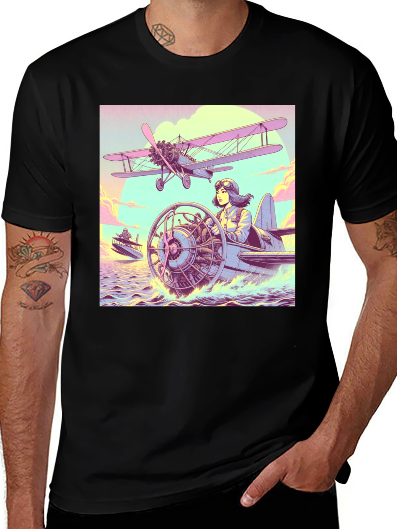 Black Retro Aviation T-Shirt - Pilot in Seaplane Design main image