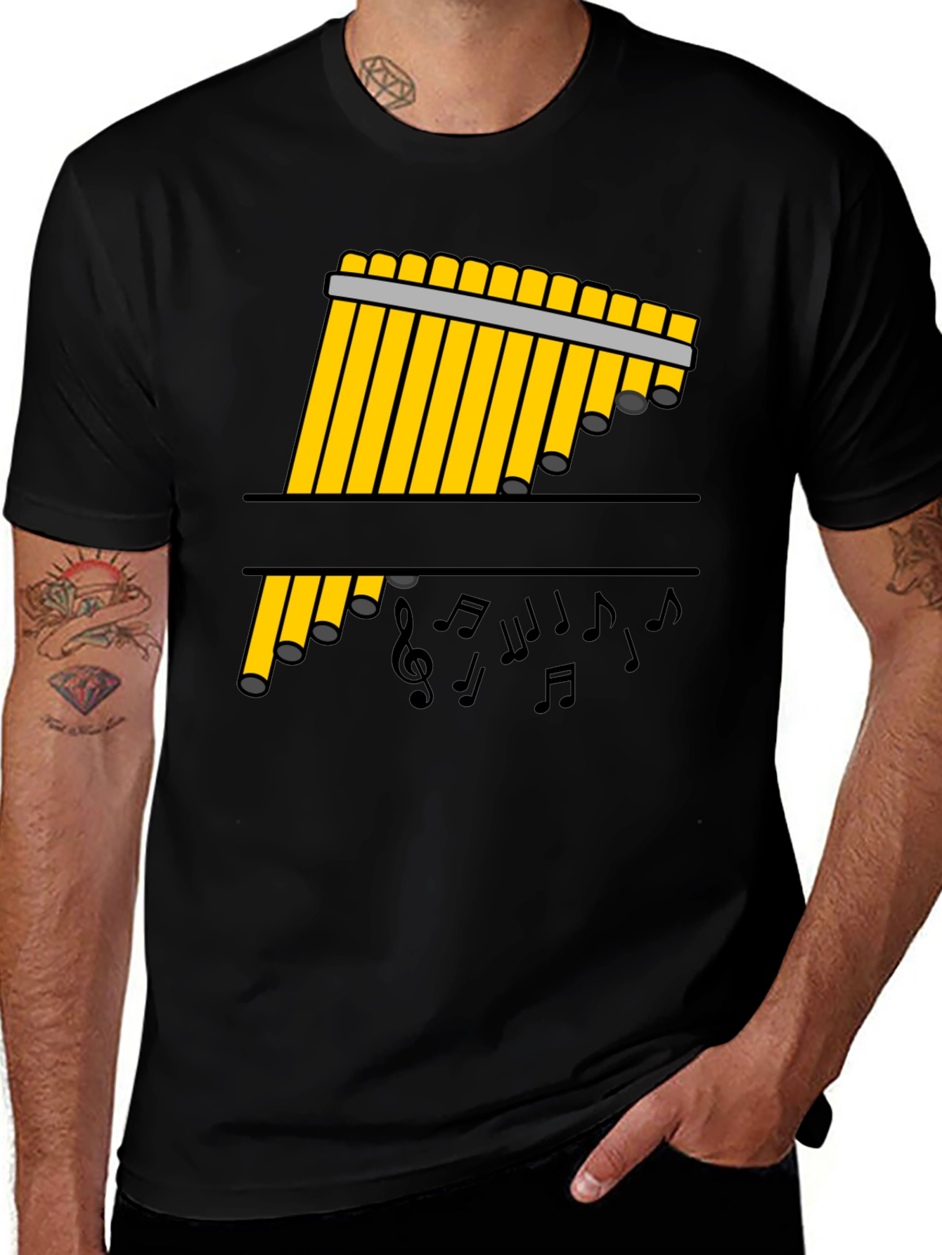 Variant 6 of Pan Flute Music Notes Black Graphic Tee