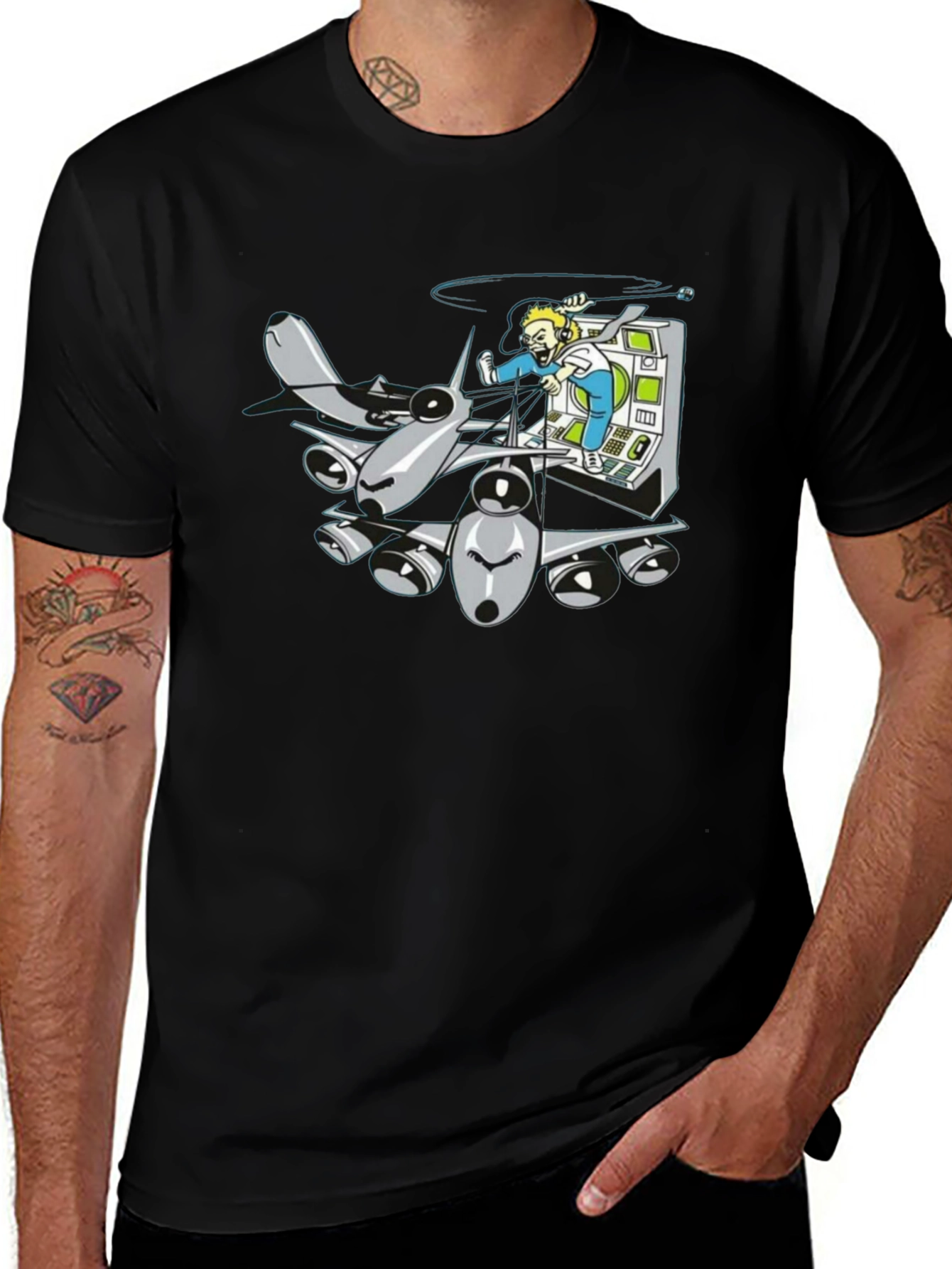 Variant 3 of Cartoon Plane Pilot Black T-Shirt