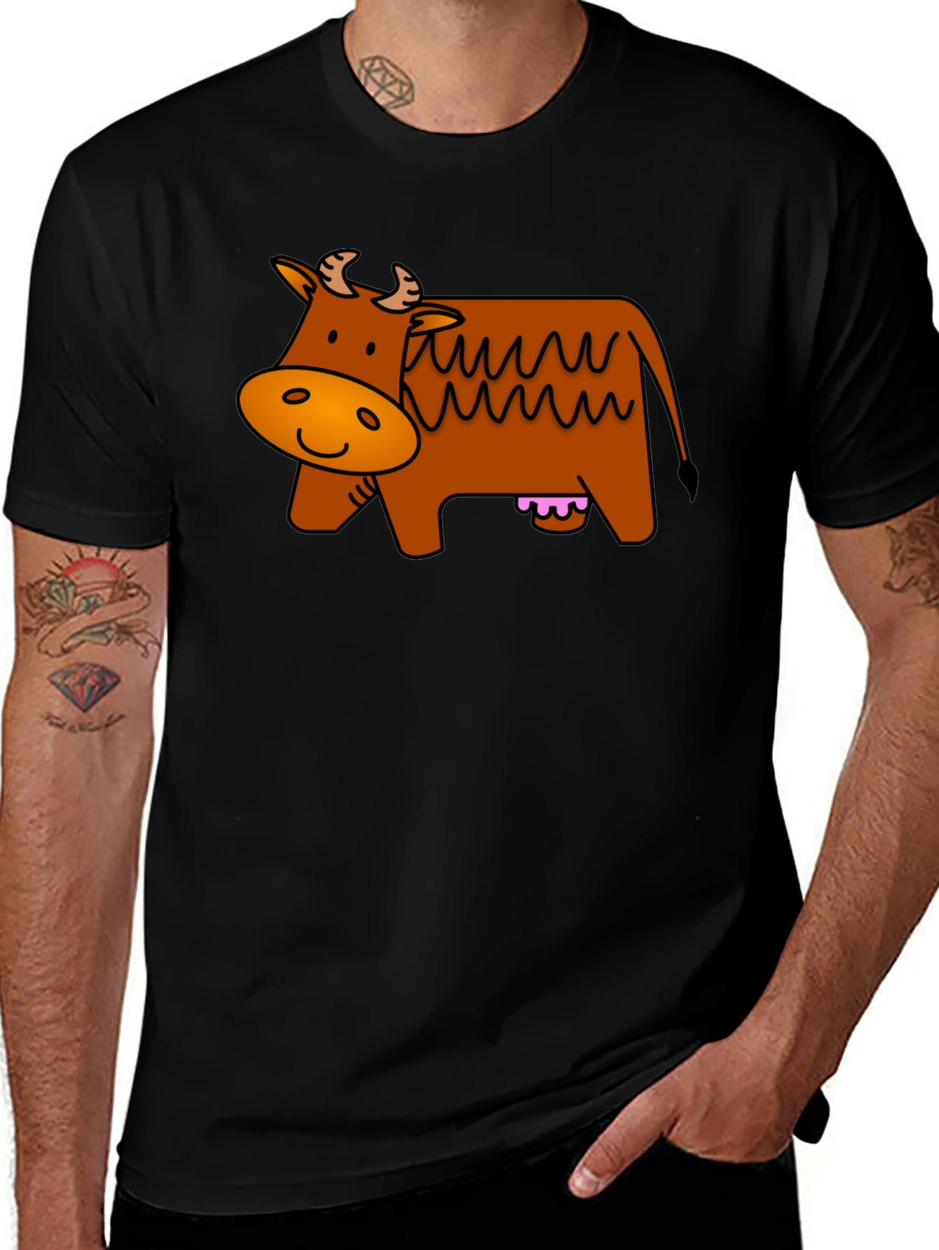 Variant 12 of Cartoon Cow Graphic Tee - Black Cotton T-Shirt