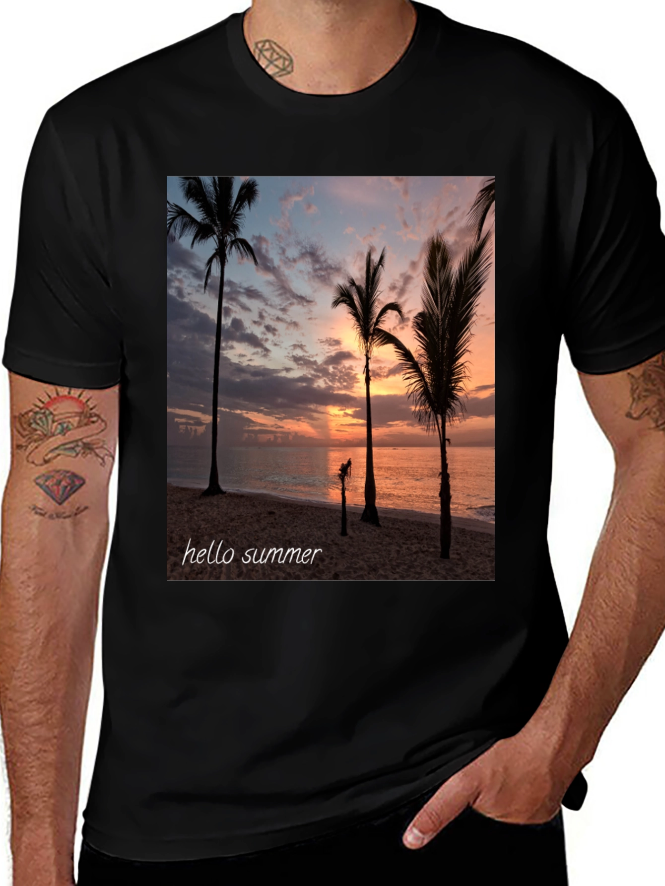 Variant 5 of Hello Summer Palm Tree Sunset Black T-Shirt