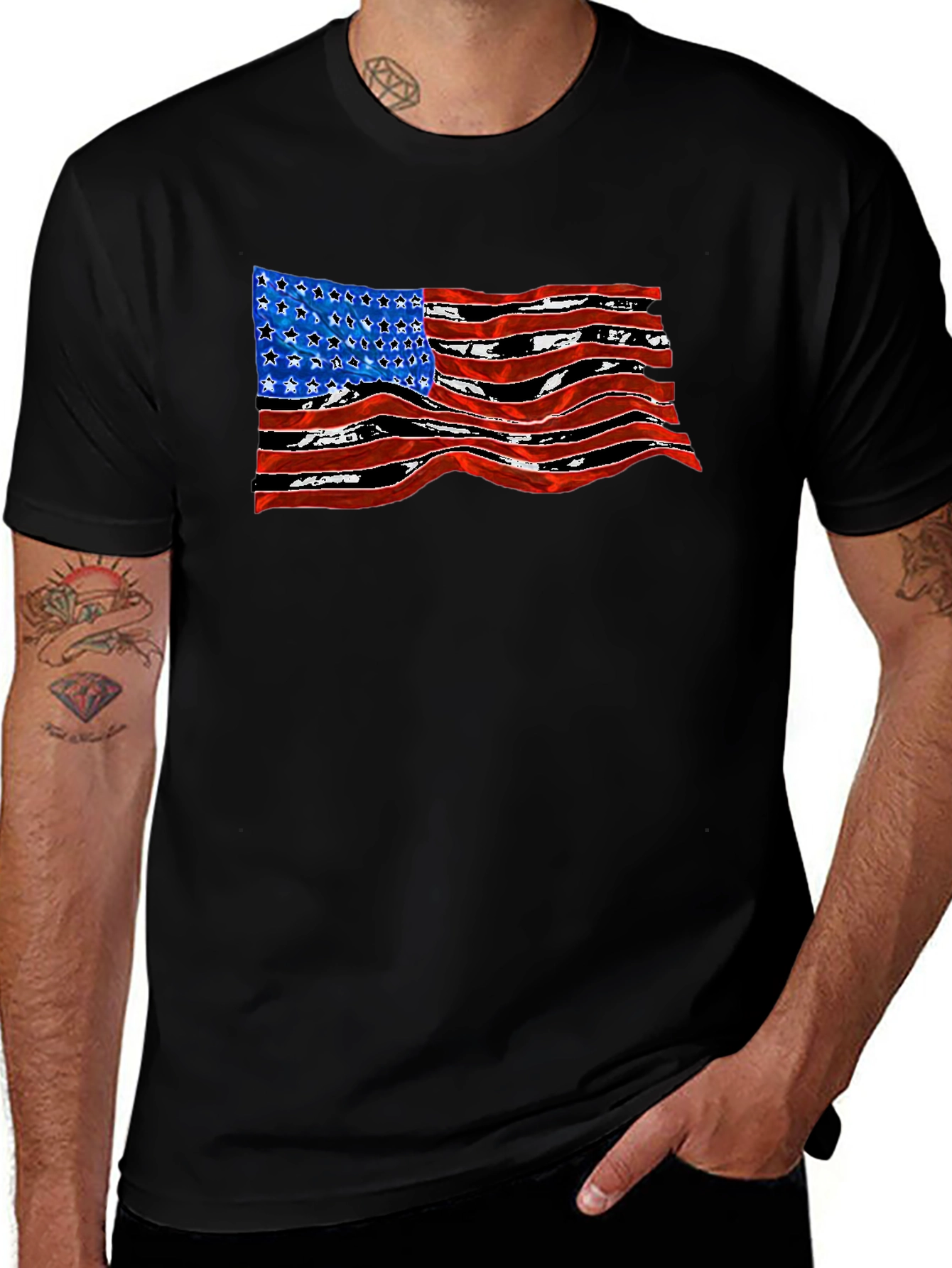 Variant 3 of American Flag Wavy Graphic Black T-Shirt
