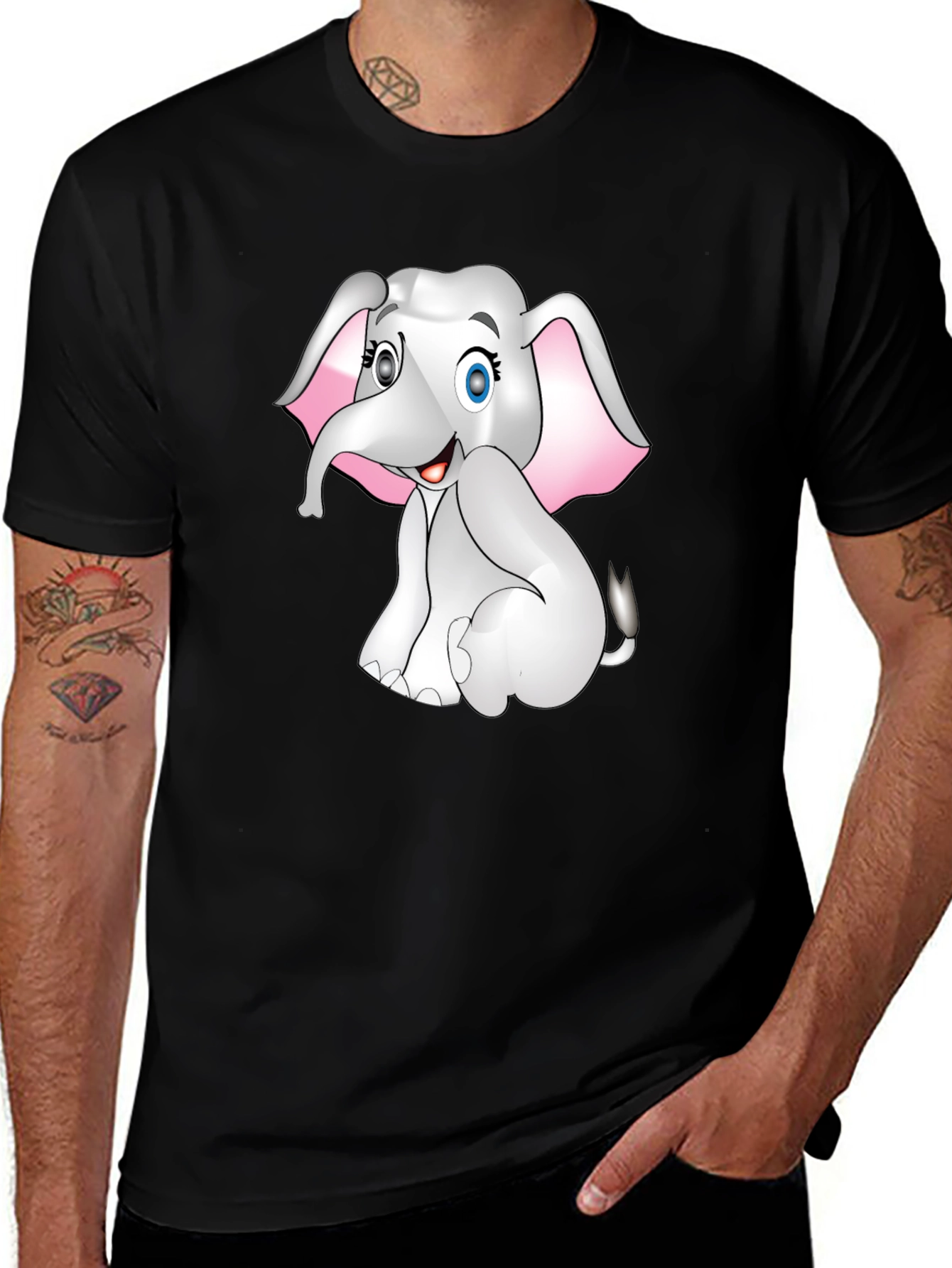 Variant 26 of Cute Cartoon Elephant Graphic Print Tee - Black