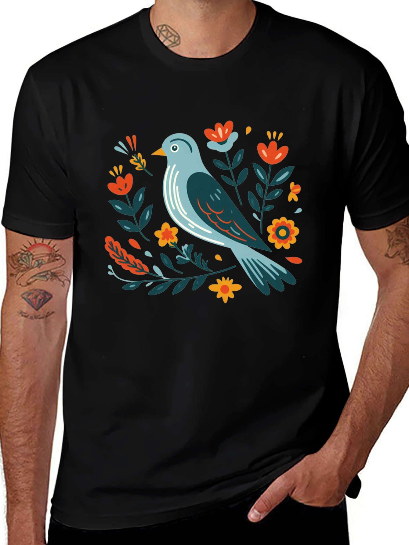 Variant 10 of Bird & Floral Graphic Tee - Stylish Black T-Shirt
