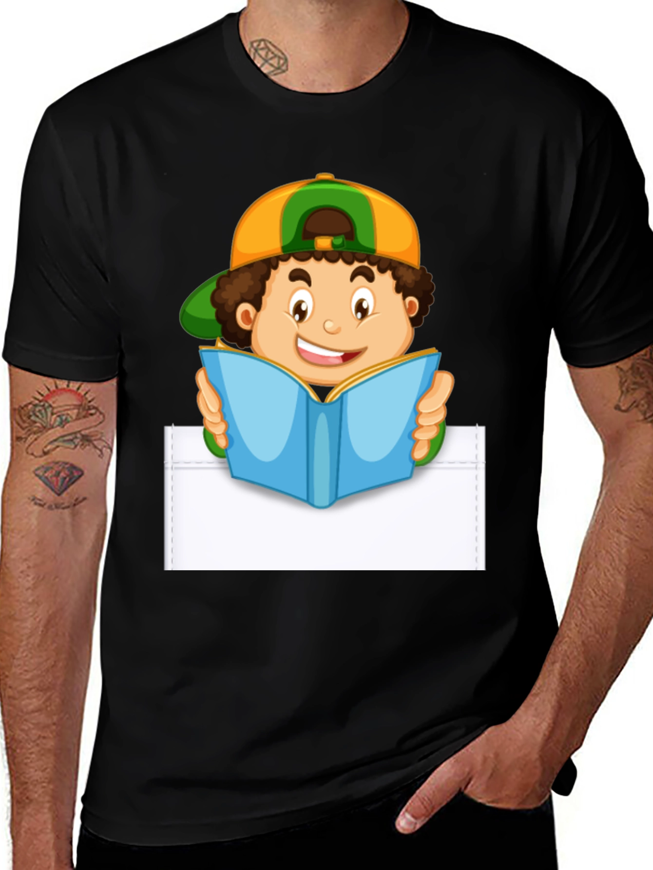 Variant 27 of Cartoon Boy Reading Pocket T-Shirt - Novelty Graphic Tee