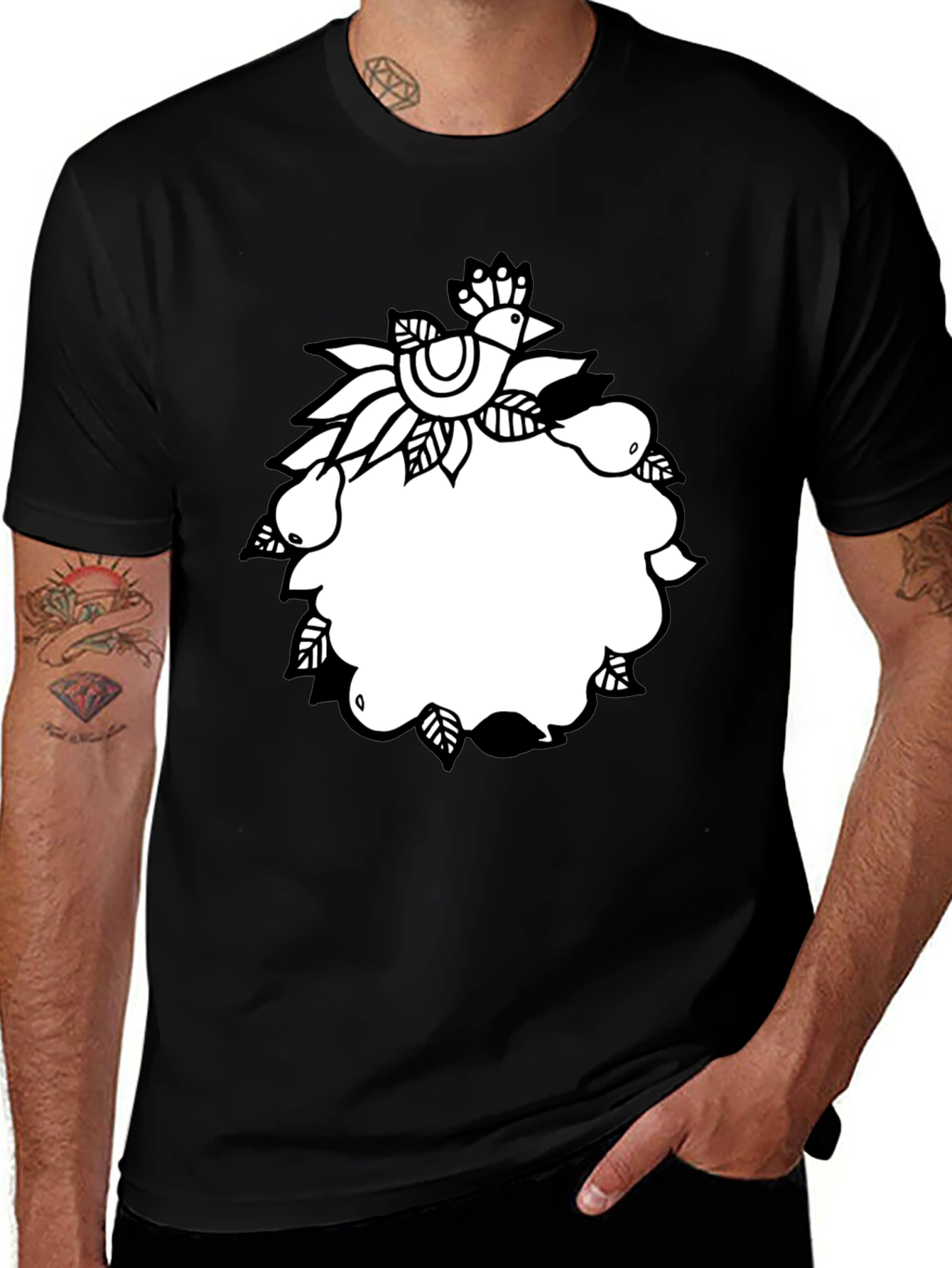 Variant 11 of Black Tee with Folk Art Bird and Pear Design